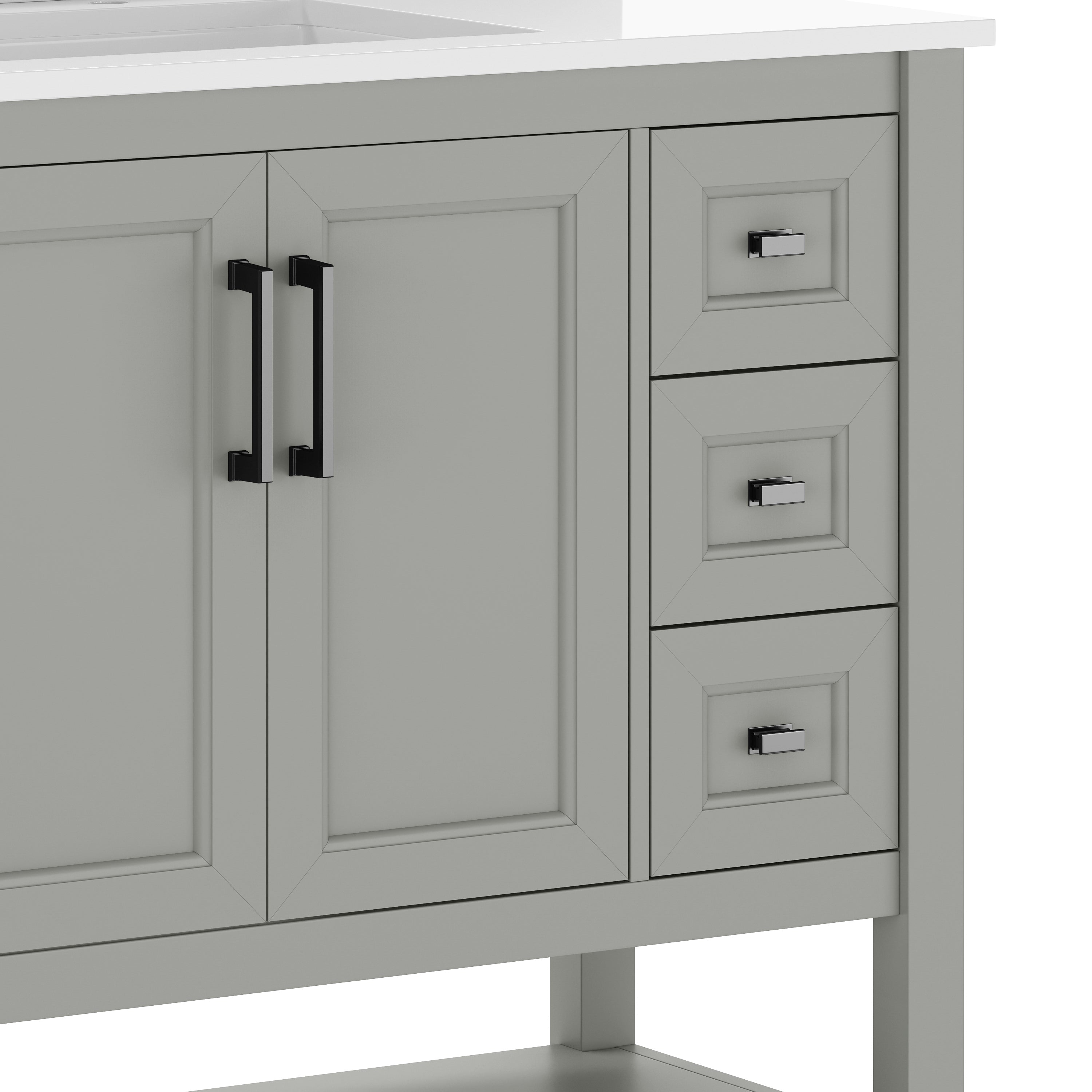 Vega 36" Bathroom Vanity with Sink, Cabinet with Black Hardware, Soft Close Doors, Open Shelf & 3 Drawers, Carrara Marble Finish Counter, Gray/White