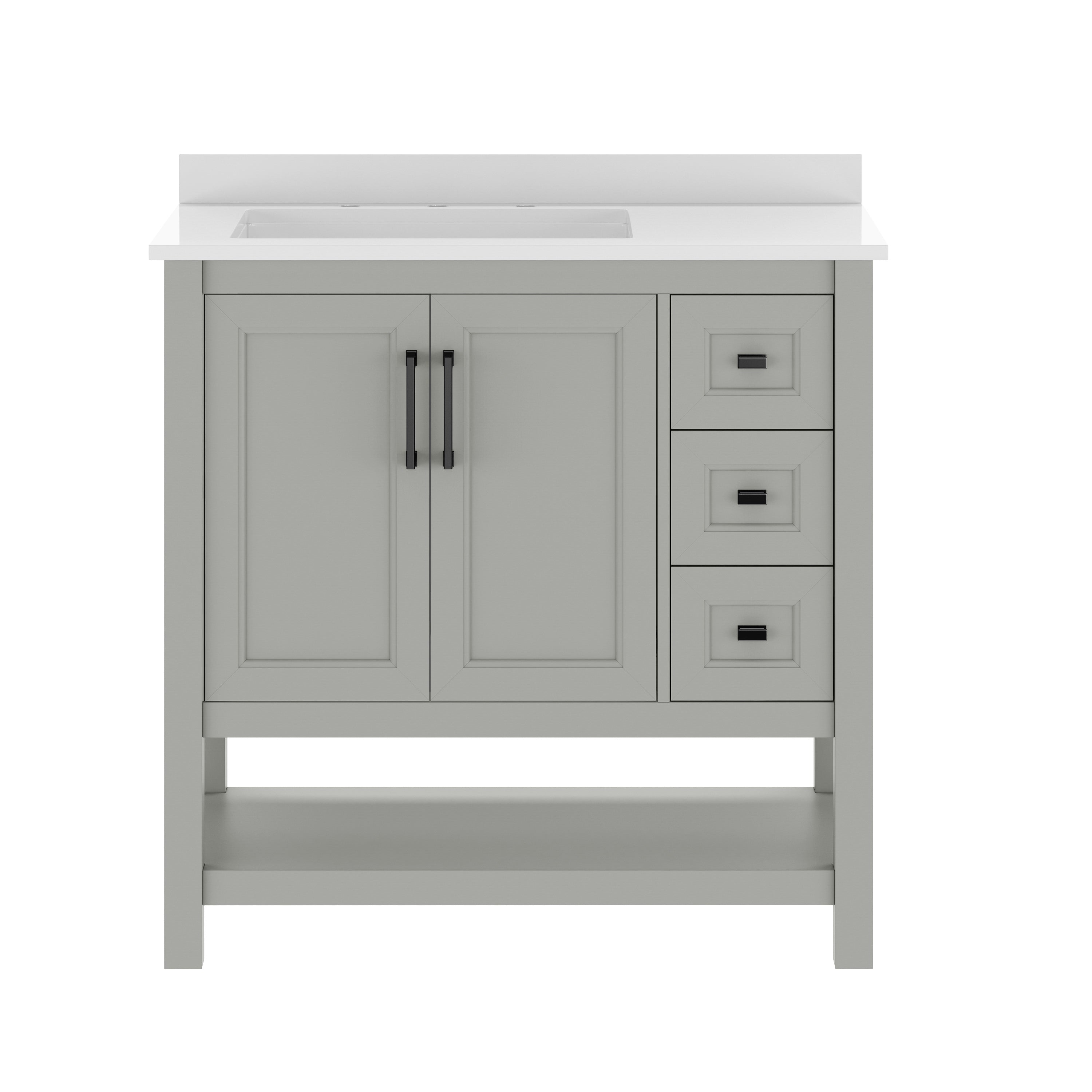 Vega 36" Bathroom Vanity with Sink, Cabinet with Black Hardware, Soft Close Doors, Open Shelf & 3 Drawers, Carrara Marble Finish Counter, Gray/White