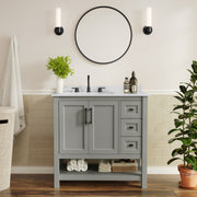 Vega 36" Bathroom Vanity with Sink, Cabinet with Black Hardware, Soft Close Doors, Open Shelf & 3 Drawers, Carrara Marble Finish Counter, Gray/White