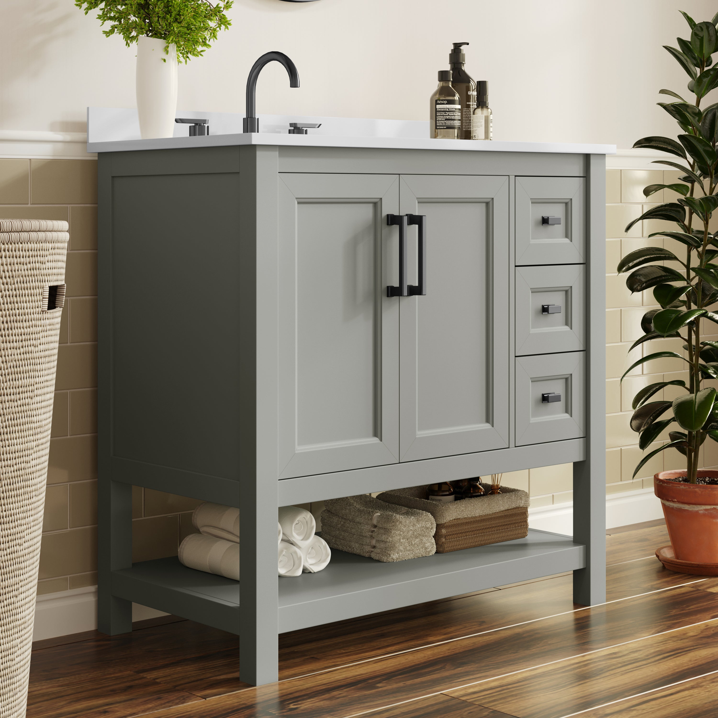 Vega 36" Bathroom Vanity with Sink, Cabinet with Black Hardware, Soft Close Doors, Open Shelf & 3 Drawers, Carrara Marble Finish Counter, Gray/White