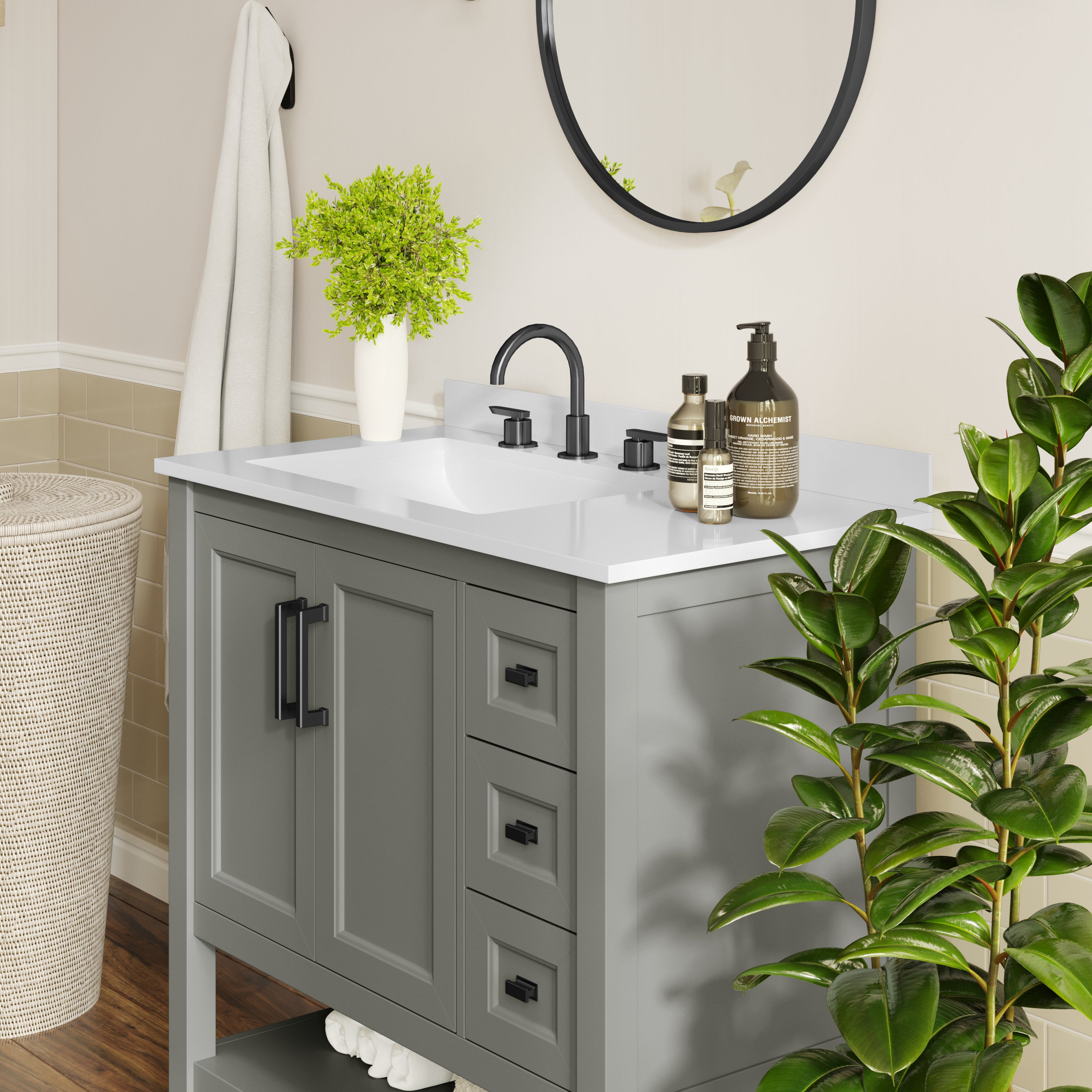 Vega 36" Bathroom Vanity with Sink, Cabinet with Black Hardware, Soft Close Doors, Open Shelf & 3 Drawers, Carrara Marble Finish Counter, Gray/White