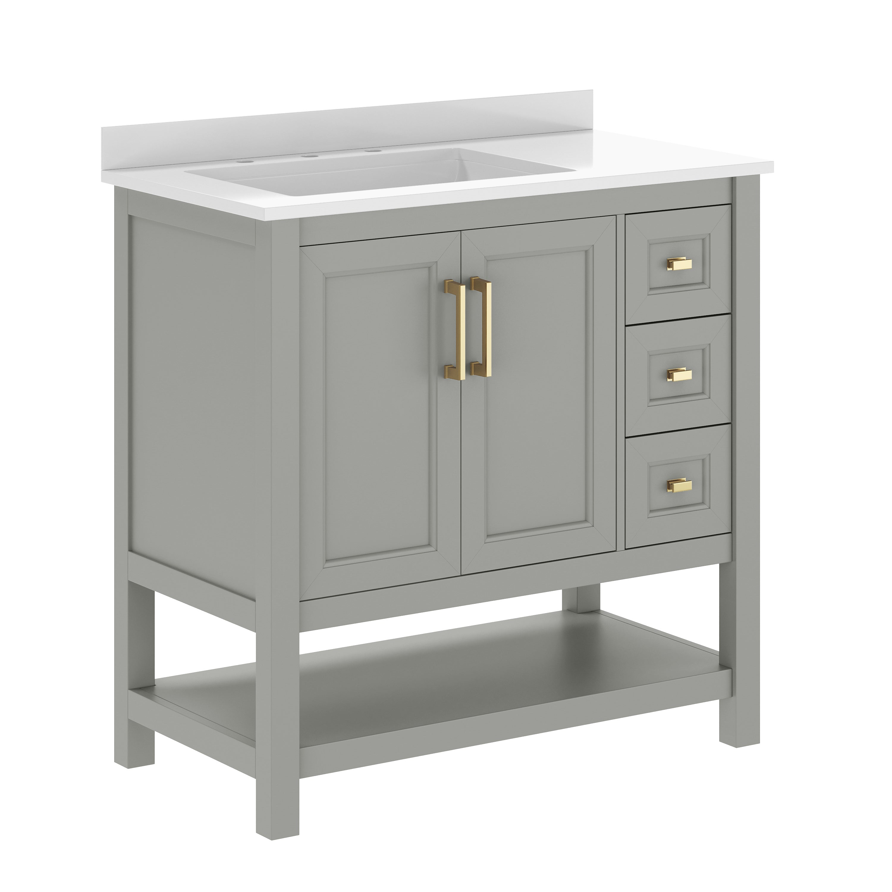 Vega 36" Bathroom Vanity with Sink, Cabinet with Gold Hardware, Soft Close Doors, Open Shelf & 3 Drawers, Carrara Marble Finish Counter, Gray/White