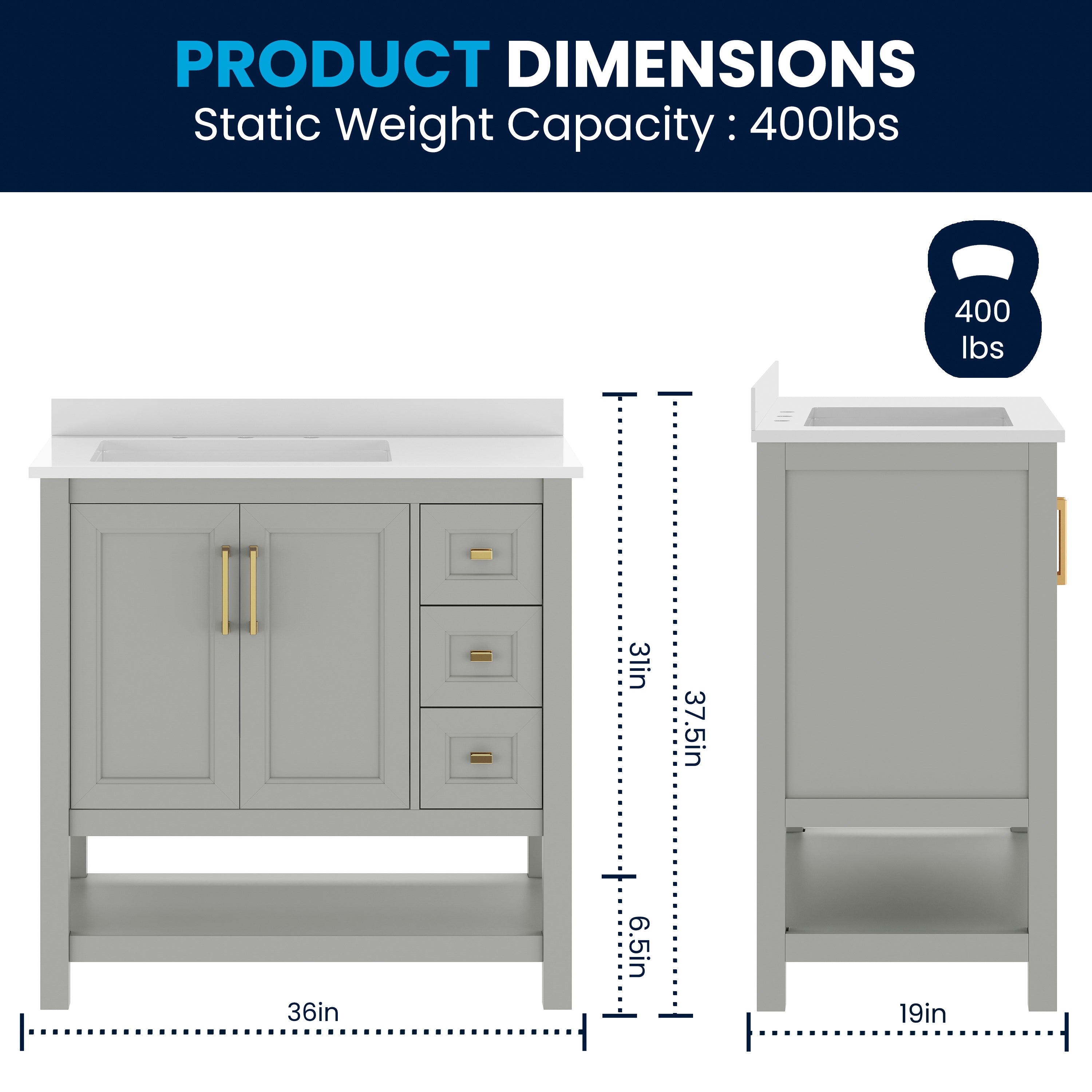 Vega 36" Bathroom Vanity with Sink, Cabinet with Gold Hardware, Soft Close Doors, Open Shelf & 3 Drawers, Carrara Marble Finish Counter, Gray/White