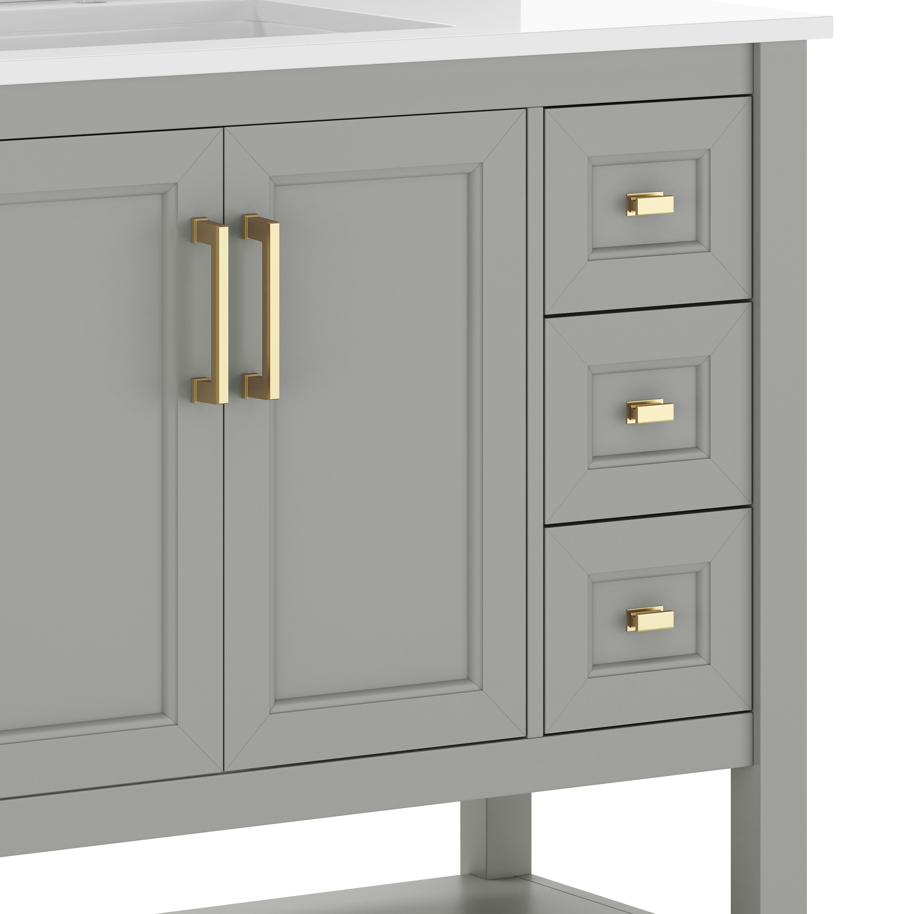 Vega 36" Bathroom Vanity with Sink, Cabinet with Gold Hardware, Soft Close Doors, Open Shelf & 3 Drawers, Carrara Marble Finish Counter, Gray/White
