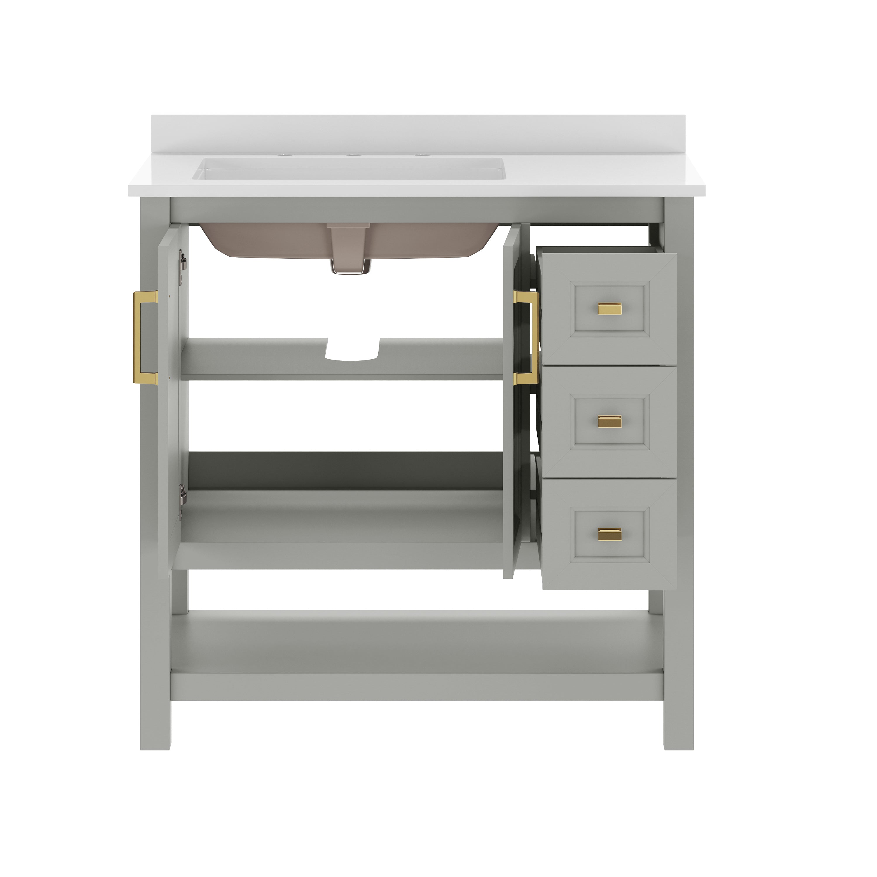 Vega 36" Bathroom Vanity with Sink, Cabinet with Gold Hardware, Soft Close Doors, Open Shelf & 3 Drawers, Carrara Marble Finish Counter, Gray/White