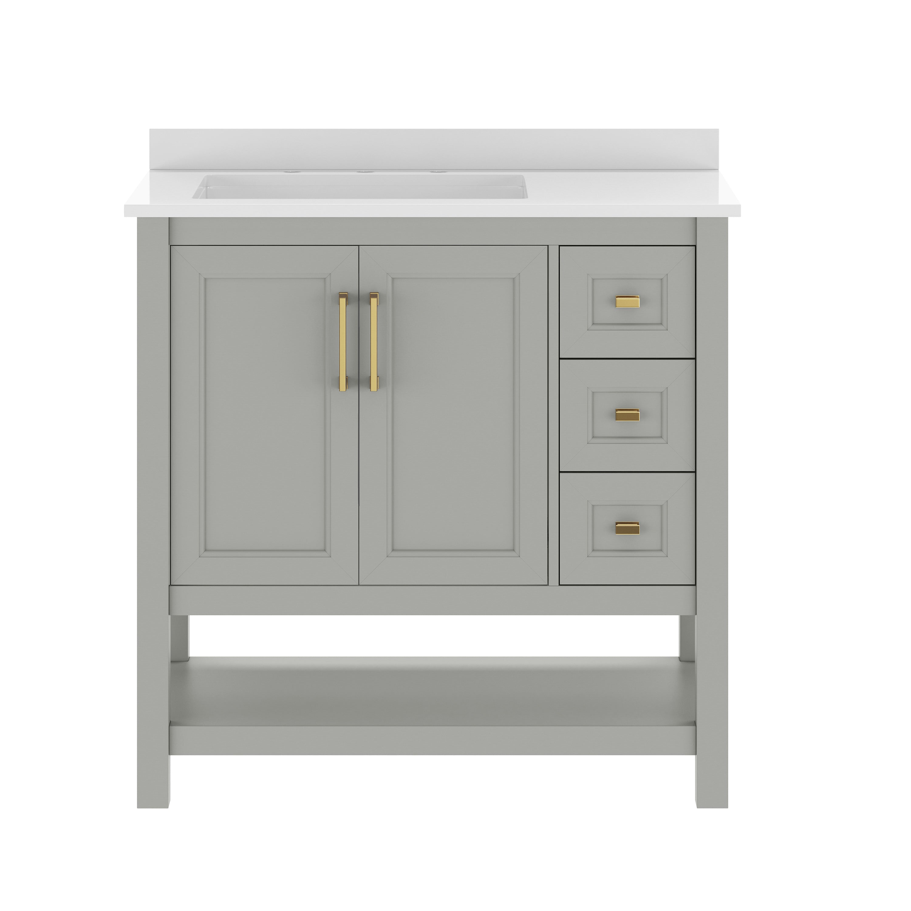 Vega 36" Bathroom Vanity with Sink, Cabinet with Gold Hardware, Soft Close Doors, Open Shelf & 3 Drawers, Carrara Marble Finish Counter, Gray/White