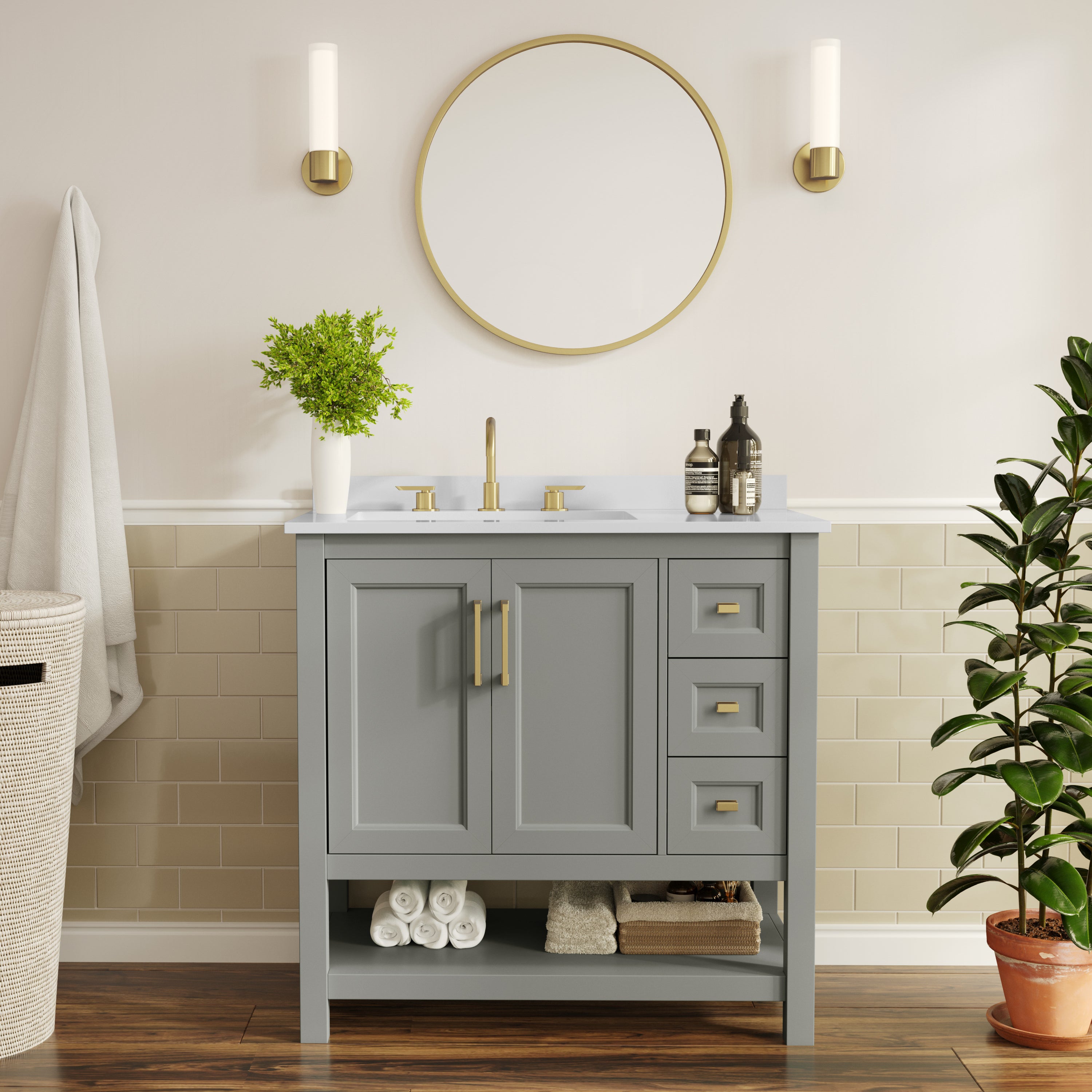 Vega 36" Bathroom Vanity with Sink, Cabinet with Gold Hardware, Soft Close Doors, Open Shelf & 3 Drawers, Carrara Marble Finish Counter, Gray/White