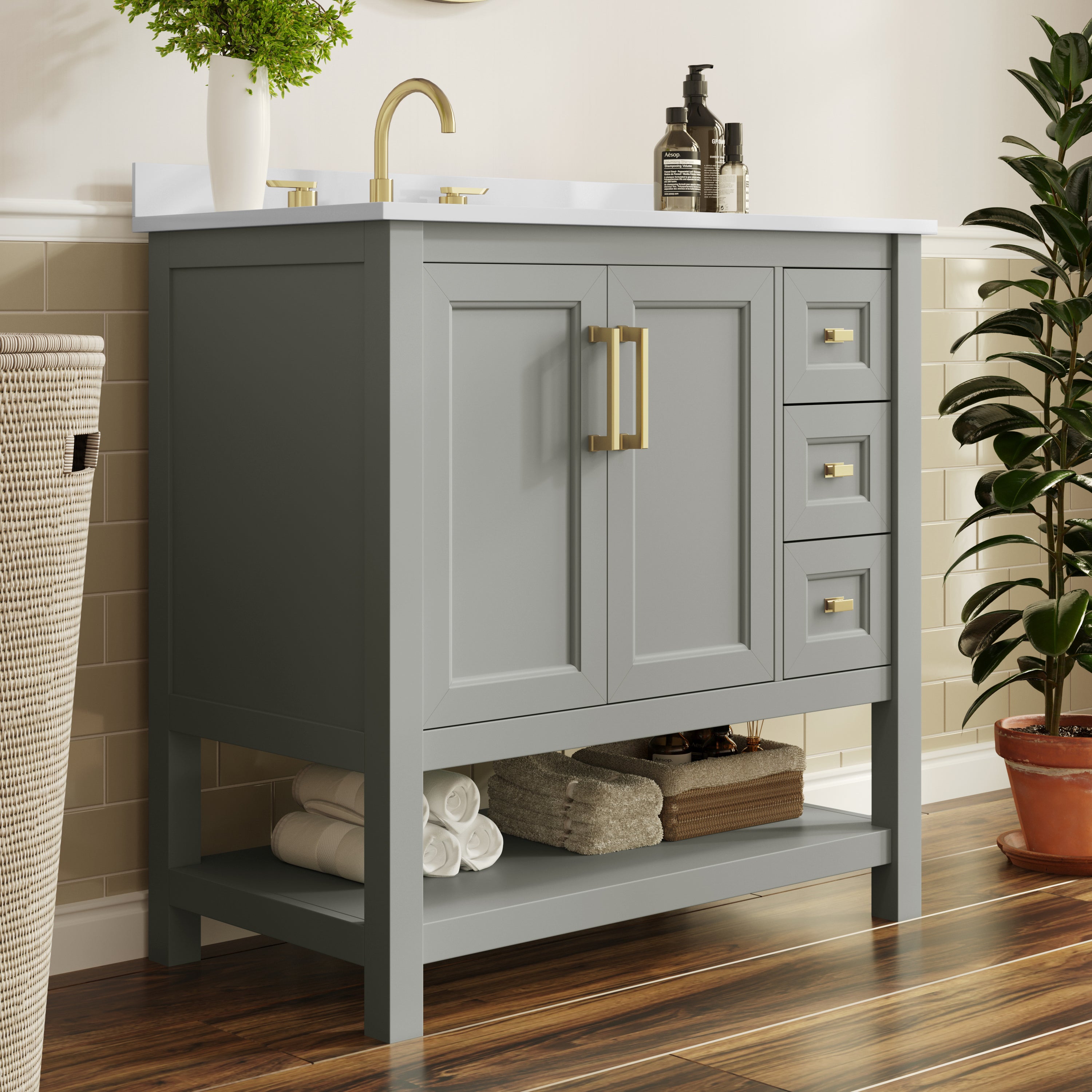 Vega 36" Bathroom Vanity with Sink, Cabinet with Gold Hardware, Soft Close Doors, Open Shelf & 3 Drawers, Carrara Marble Finish Counter, Gray/White