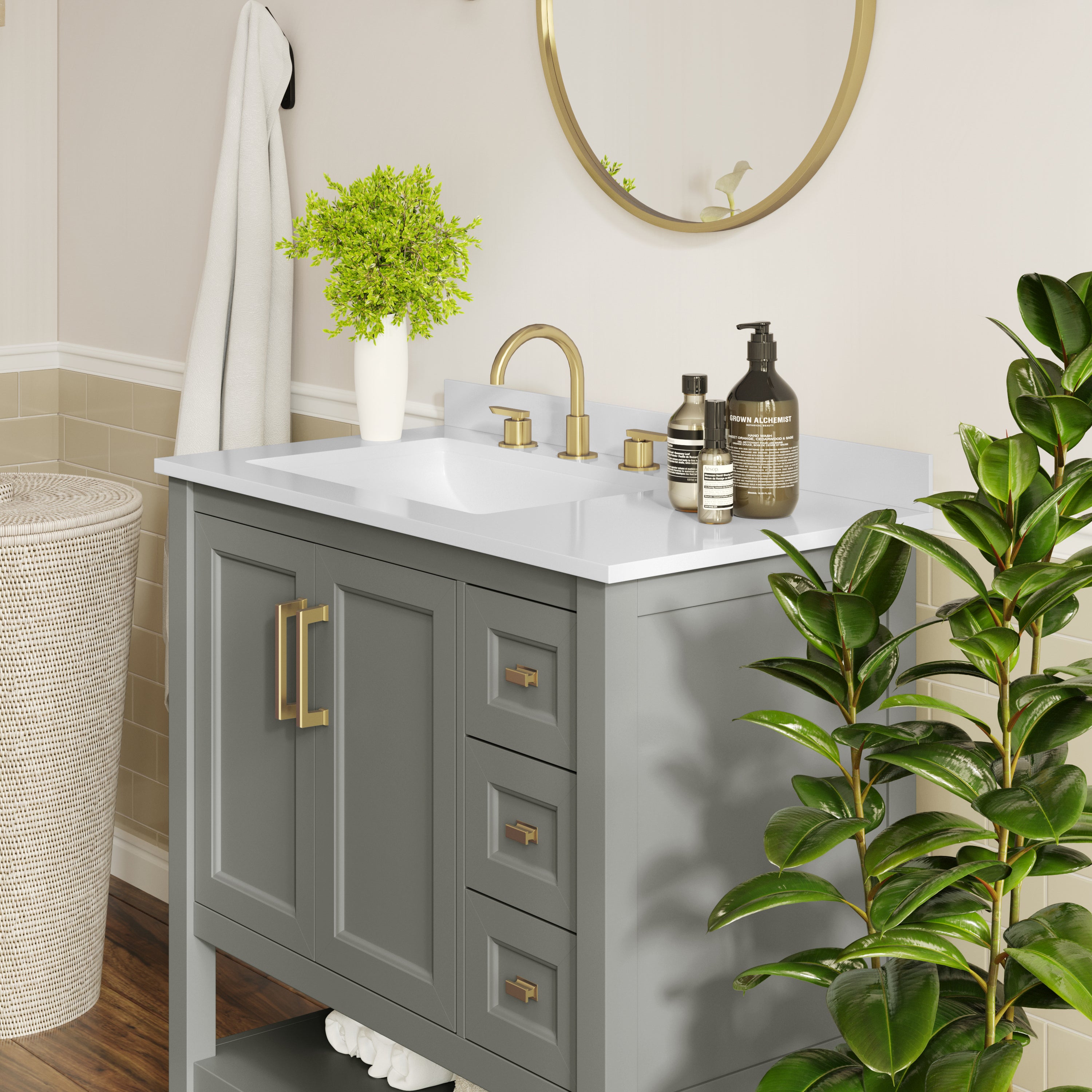 Vega 36" Bathroom Vanity with Sink, Cabinet with Gold Hardware, Soft Close Doors, Open Shelf & 3 Drawers, Carrara Marble Finish Counter, Gray/White