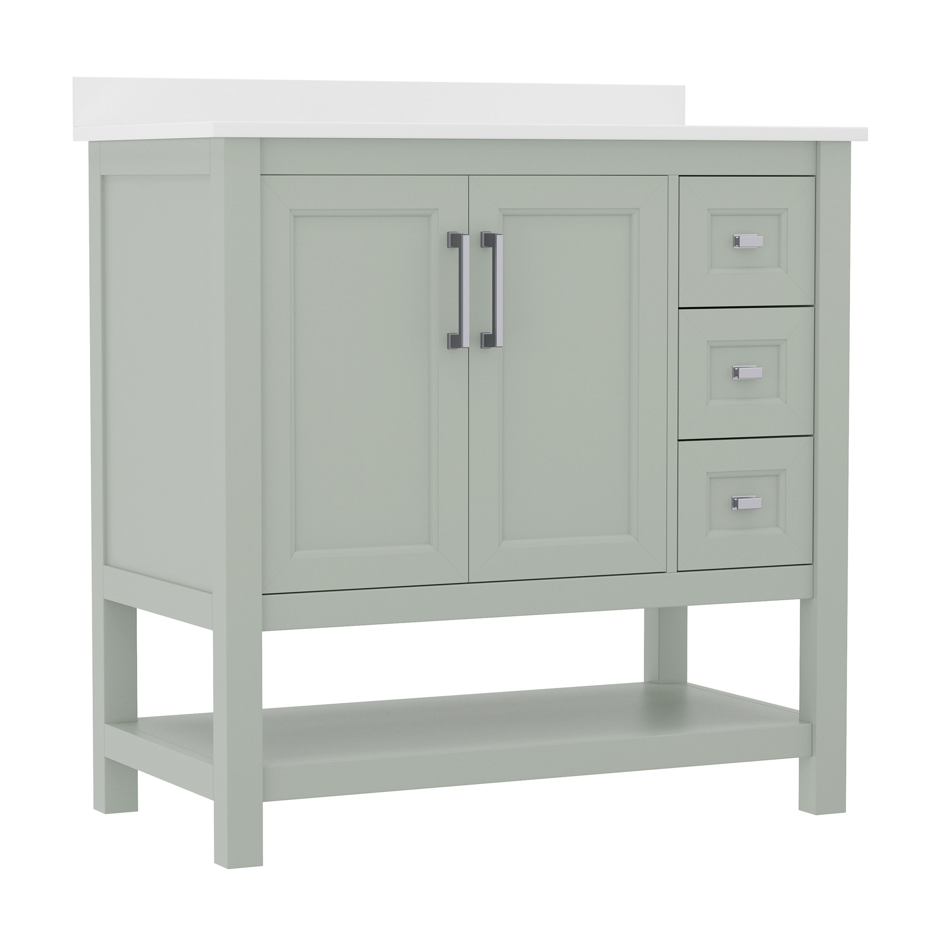 Vega 36 Inch Bathroom Vanity with Sink, Storage Cabinet with Soft Close Doors, Open Shelf and 3 Drawers, Carrara Marble Finish Countertop, Sage