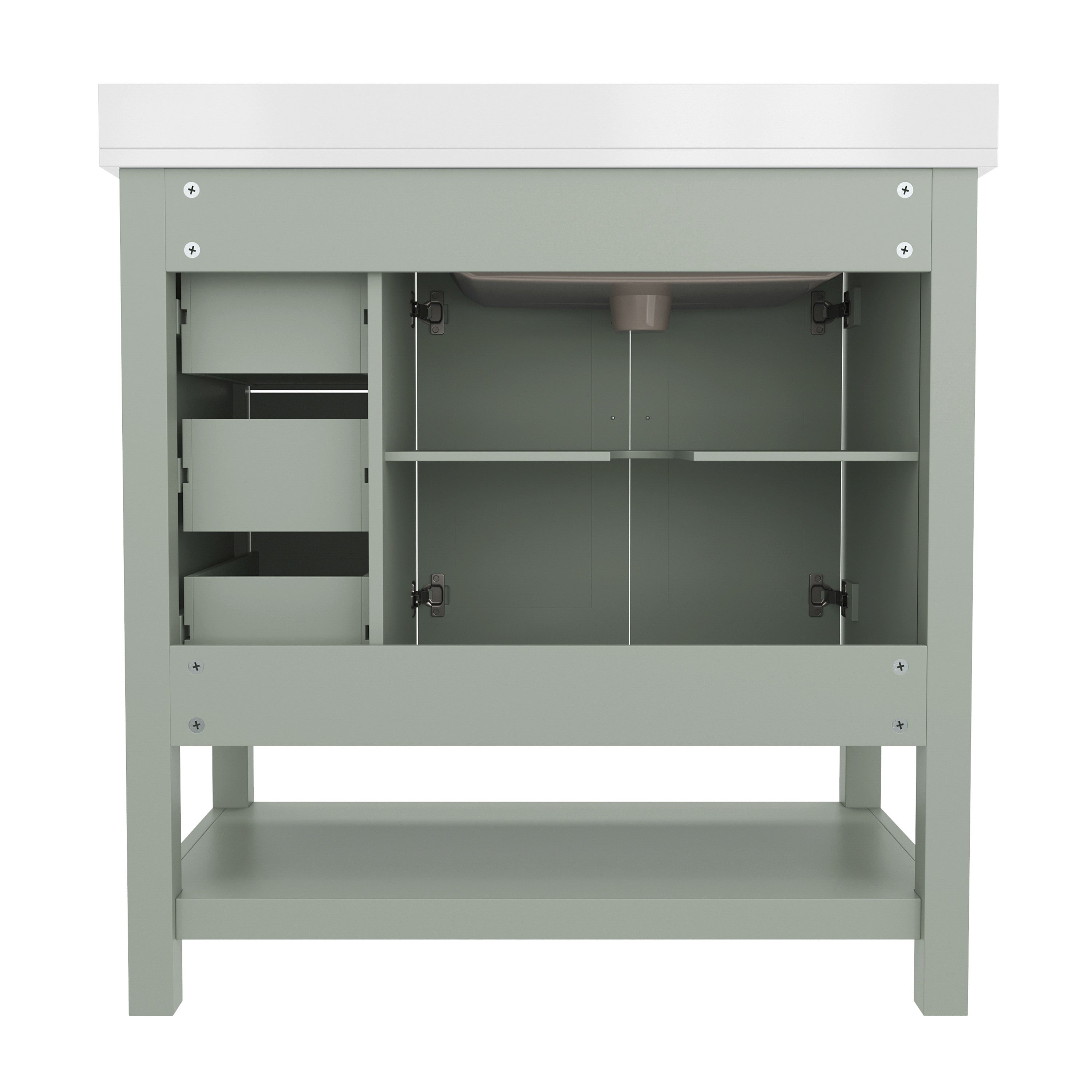 Vega 36 Inch Bathroom Vanity with Sink, Storage Cabinet with Soft Close Doors, Open Shelf and 3 Drawers, Carrara Marble Finish Countertop, Sage