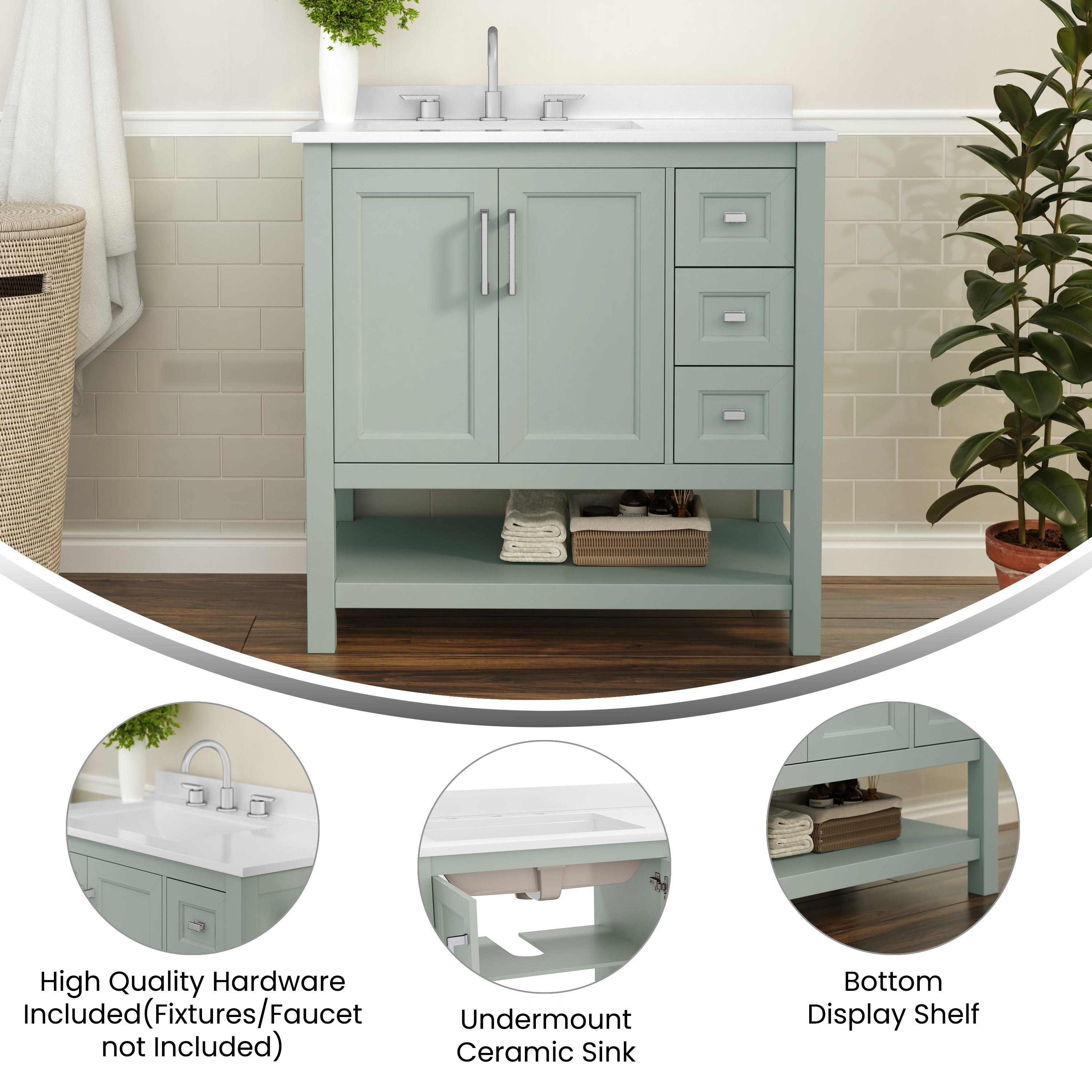 Vega 36 Inch Bathroom Vanity with Sink, Storage Cabinet with Soft Close Doors, Open Shelf and 3 Drawers, Carrara Marble Finish Countertop, Sage