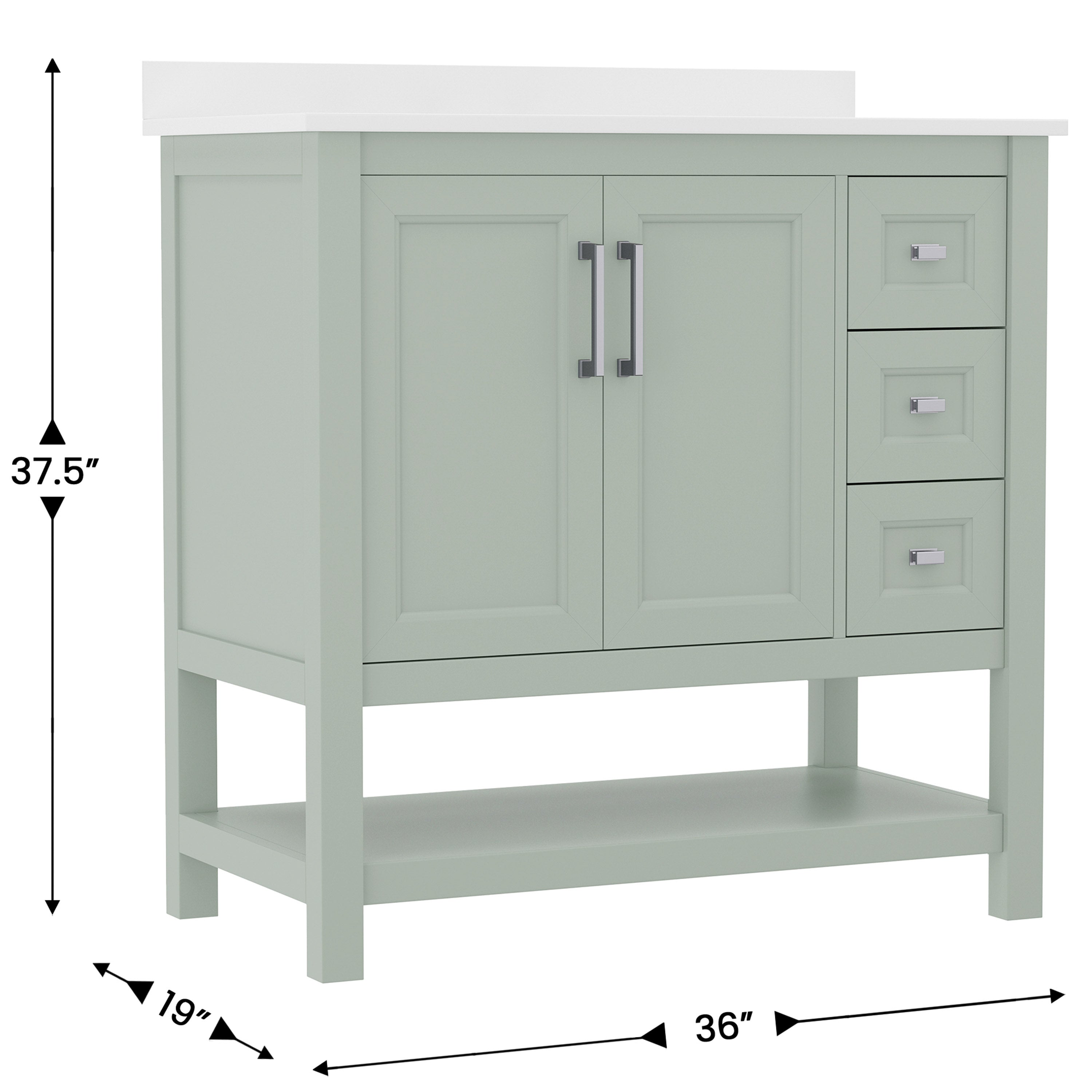 Vega 36 Inch Bathroom Vanity with Sink, Storage Cabinet with Soft Close Doors, Open Shelf and 3 Drawers, Carrara Marble Finish Countertop, Sage