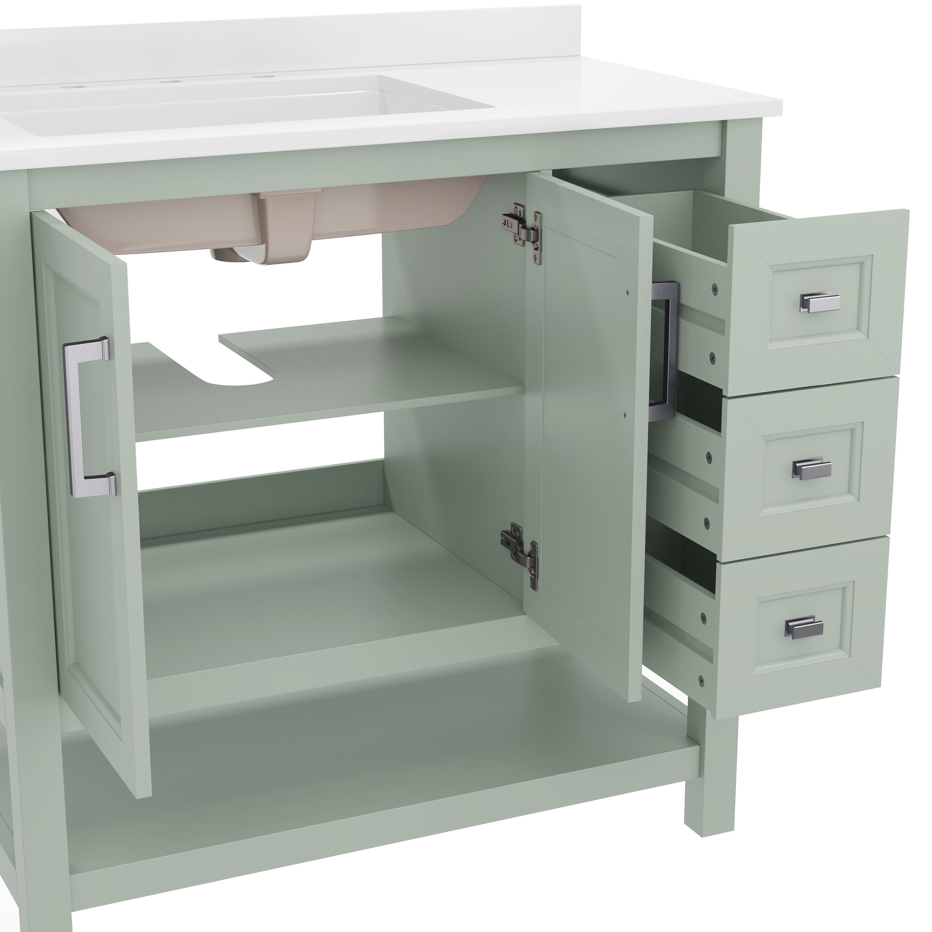 Vega 36 Inch Bathroom Vanity with Sink, Storage Cabinet with Soft Close Doors, Open Shelf and 3 Drawers, Carrara Marble Finish Countertop, Sage