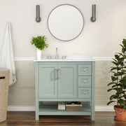 Vega 36 Inch Bathroom Vanity with Sink, Storage Cabinet with Soft Close Doors, Open Shelf and 3 Drawers, Carrara Marble Finish Countertop, Sage