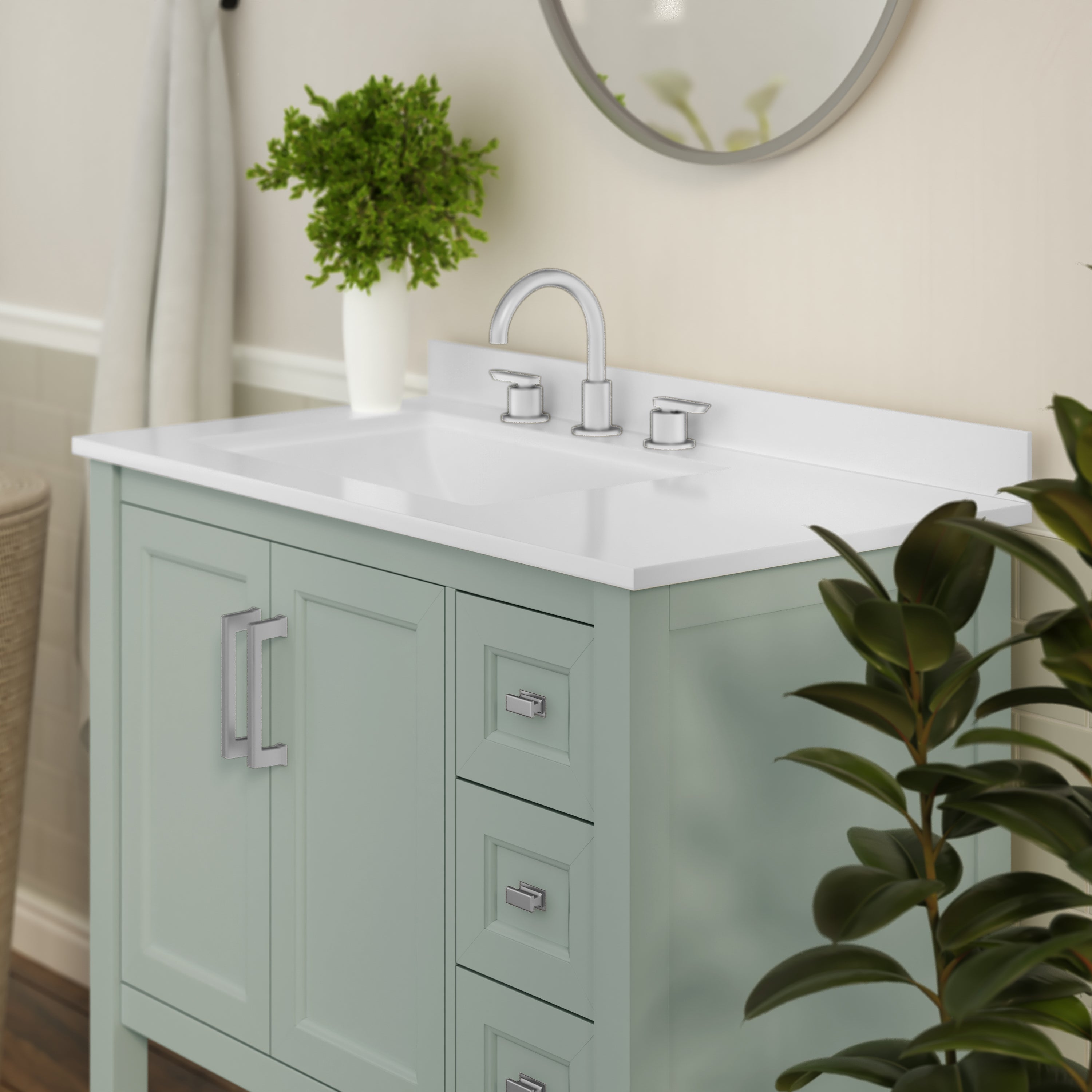 Vega 36 Inch Bathroom Vanity with Sink, Storage Cabinet with Soft Close Doors, Open Shelf and 3 Drawers, Carrara Marble Finish Countertop, Sage