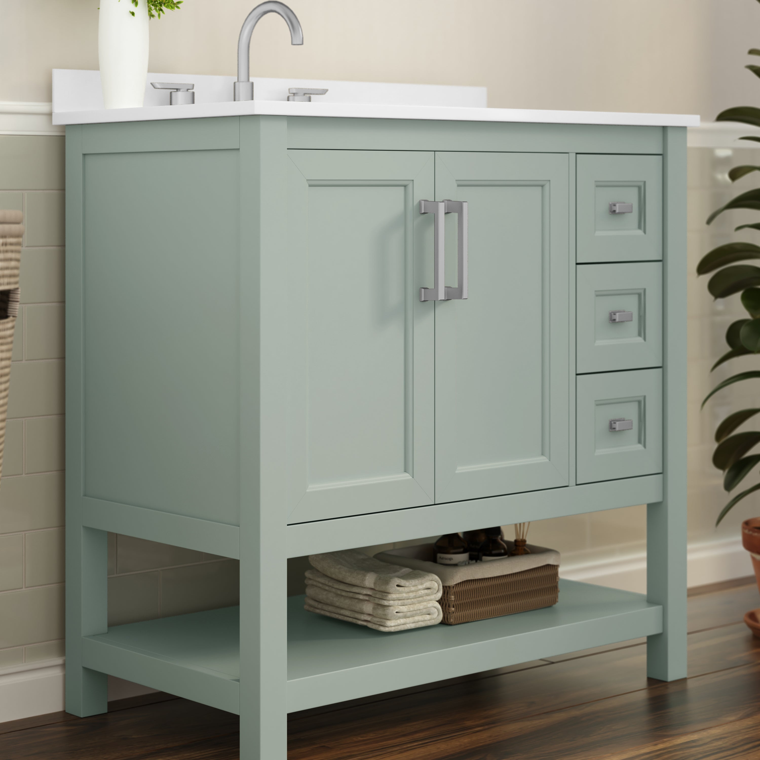 Vega 36 Inch Bathroom Vanity with Sink, Storage Cabinet with Soft Close Doors, Open Shelf and 3 Drawers, Carrara Marble Finish Countertop, Sage