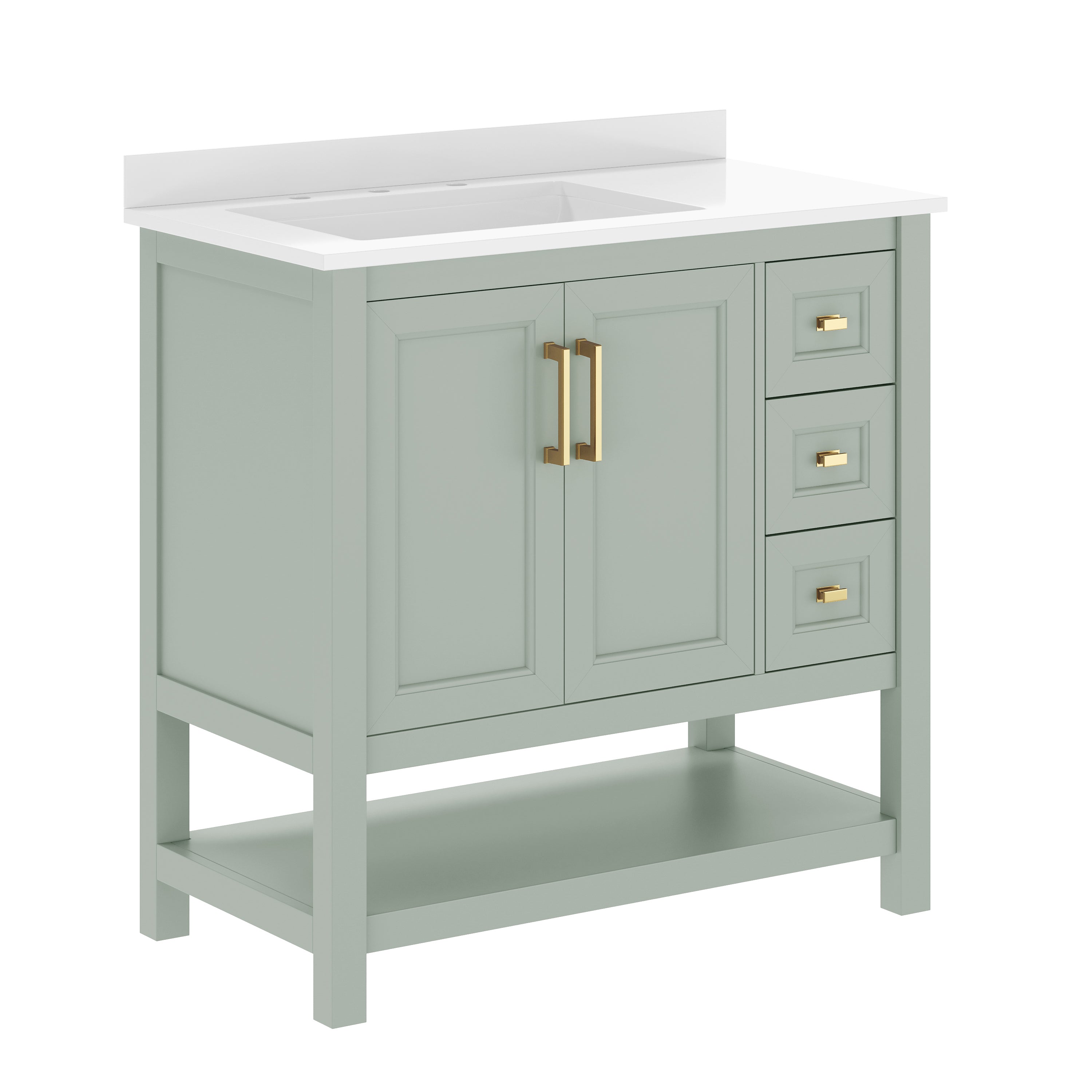 Vega 36" Bathroom Vanity with Sink, Cabinet with Gold Hardware, Soft Close Doors, Open Shelf & 3 Drawers, Carrara Marble Finish Counter, Sage/White