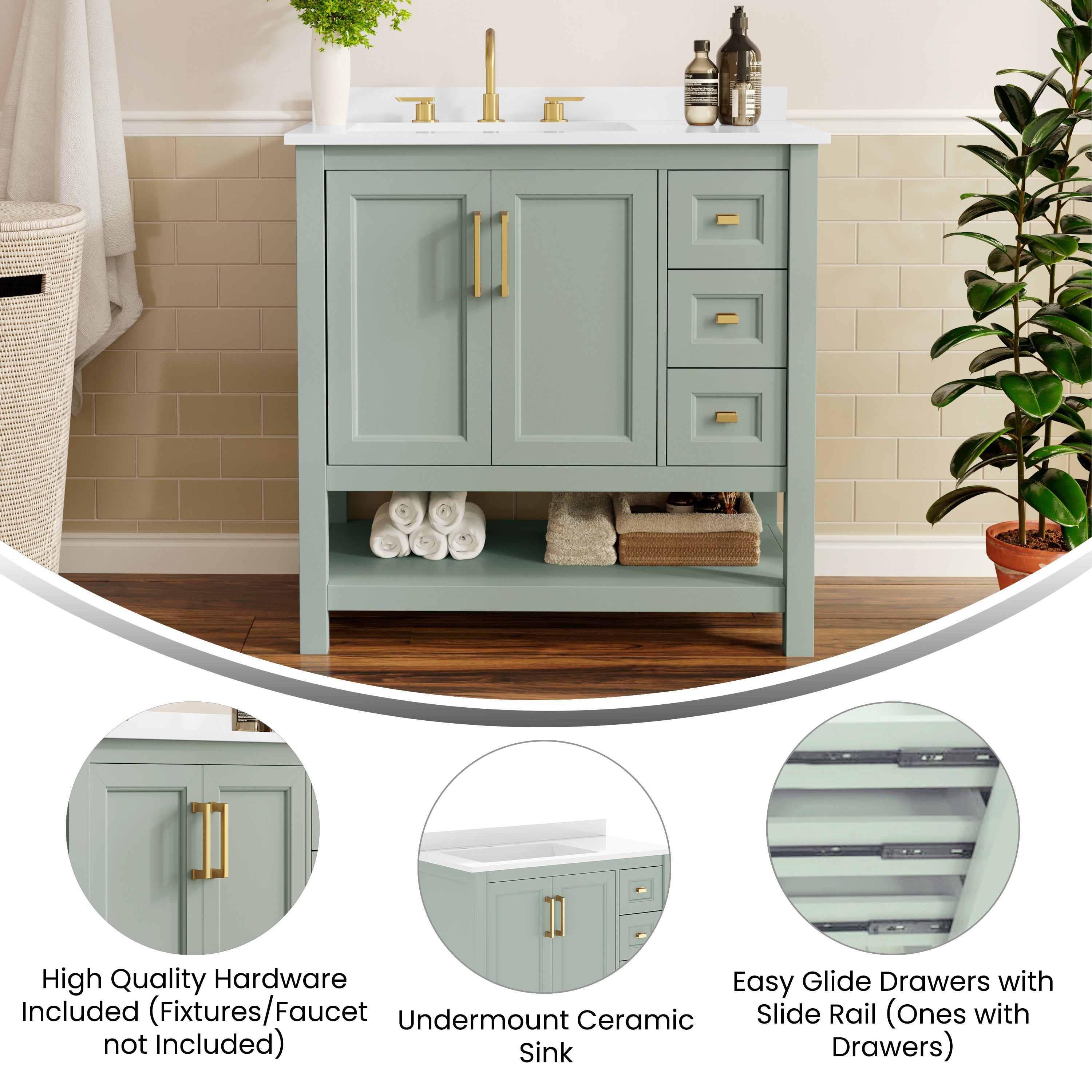 Vega 36" Bathroom Vanity with Sink, Cabinet with Gold Hardware, Soft Close Doors, Open Shelf & 3 Drawers, Carrara Marble Finish Counter, Sage/White