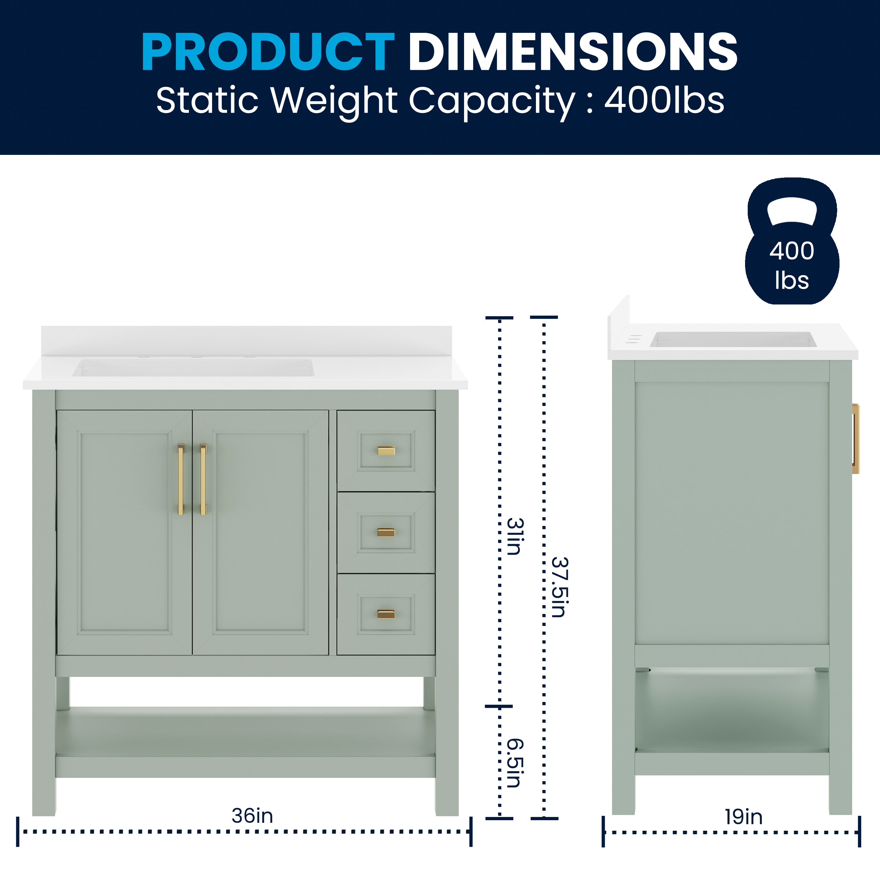 Vega 36" Bathroom Vanity with Sink, Cabinet with Gold Hardware, Soft Close Doors, Open Shelf & 3 Drawers, Carrara Marble Finish Counter, Sage/White