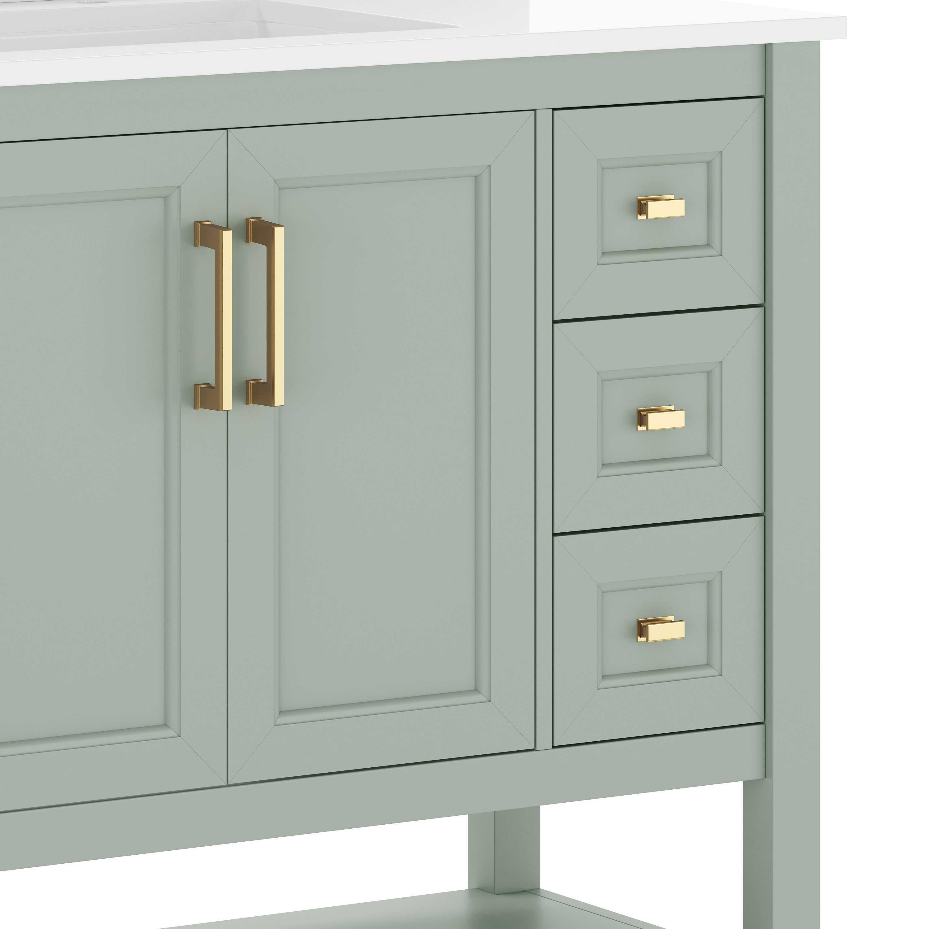 Vega 36" Bathroom Vanity with Sink, Cabinet with Gold Hardware, Soft Close Doors, Open Shelf & 3 Drawers, Carrara Marble Finish Counter, Sage/White