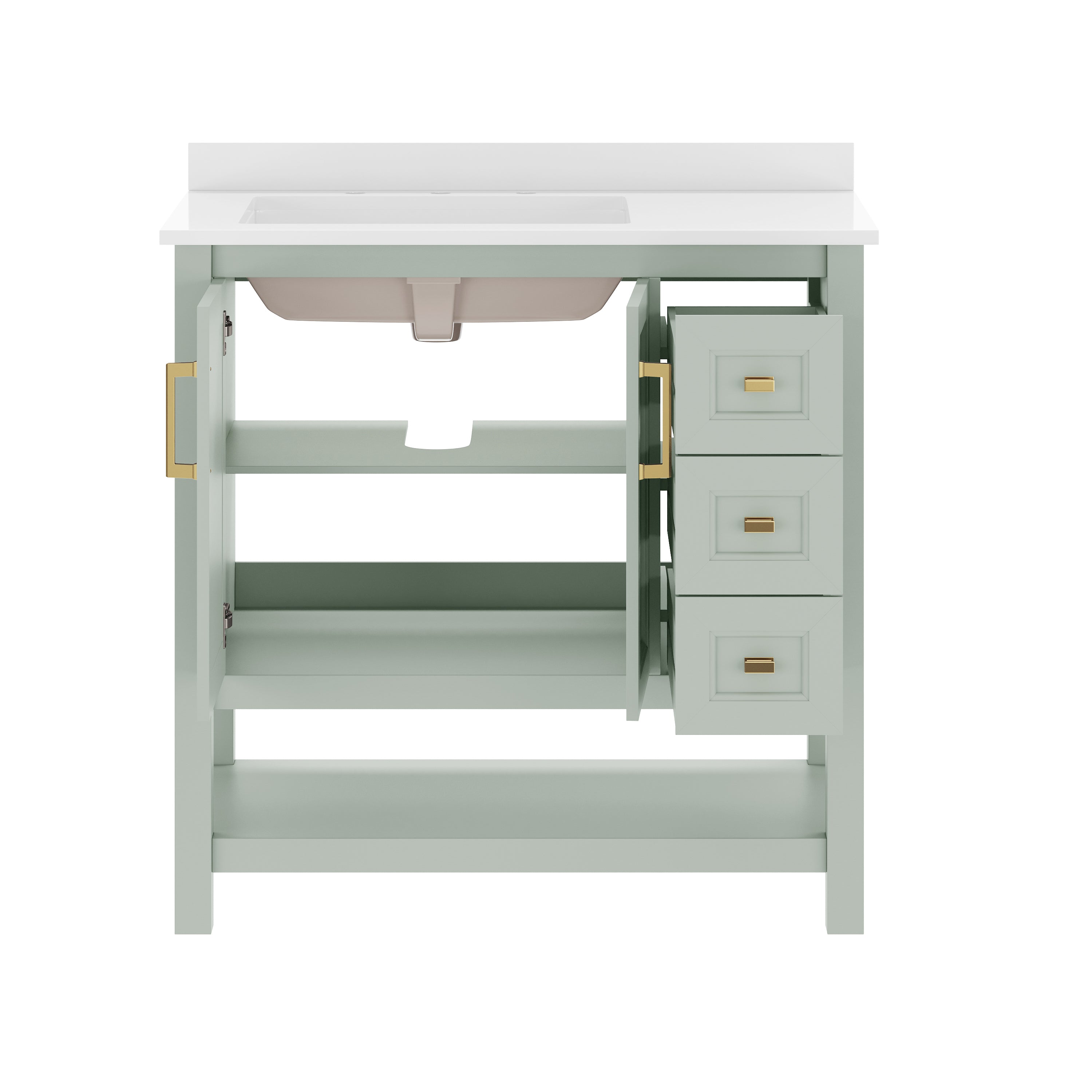 Vega 36" Bathroom Vanity with Sink, Cabinet with Gold Hardware, Soft Close Doors, Open Shelf & 3 Drawers, Carrara Marble Finish Counter, Sage/White