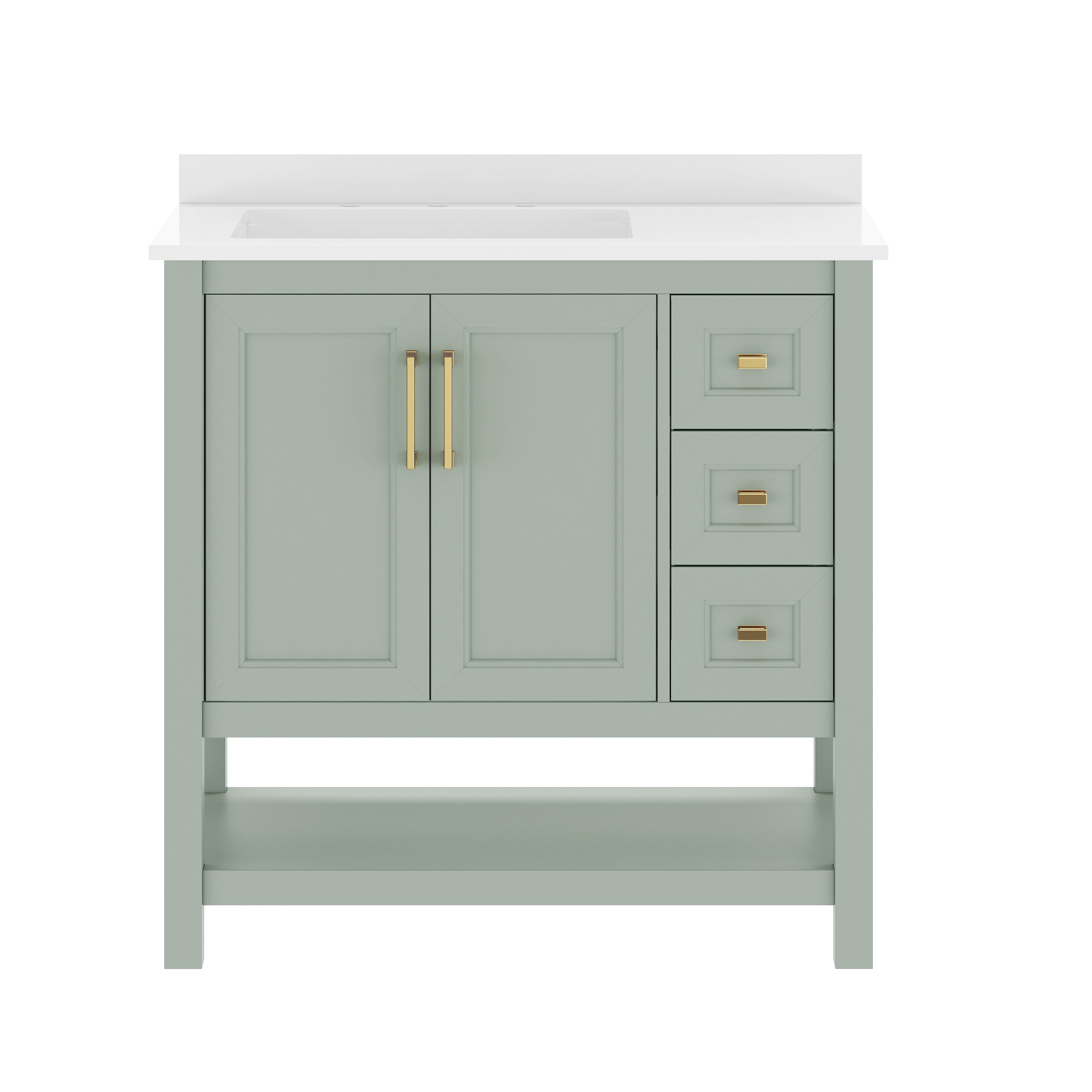 Vega 36" Bathroom Vanity with Sink, Cabinet with Gold Hardware, Soft Close Doors, Open Shelf & 3 Drawers, Carrara Marble Finish Counter, Sage/White