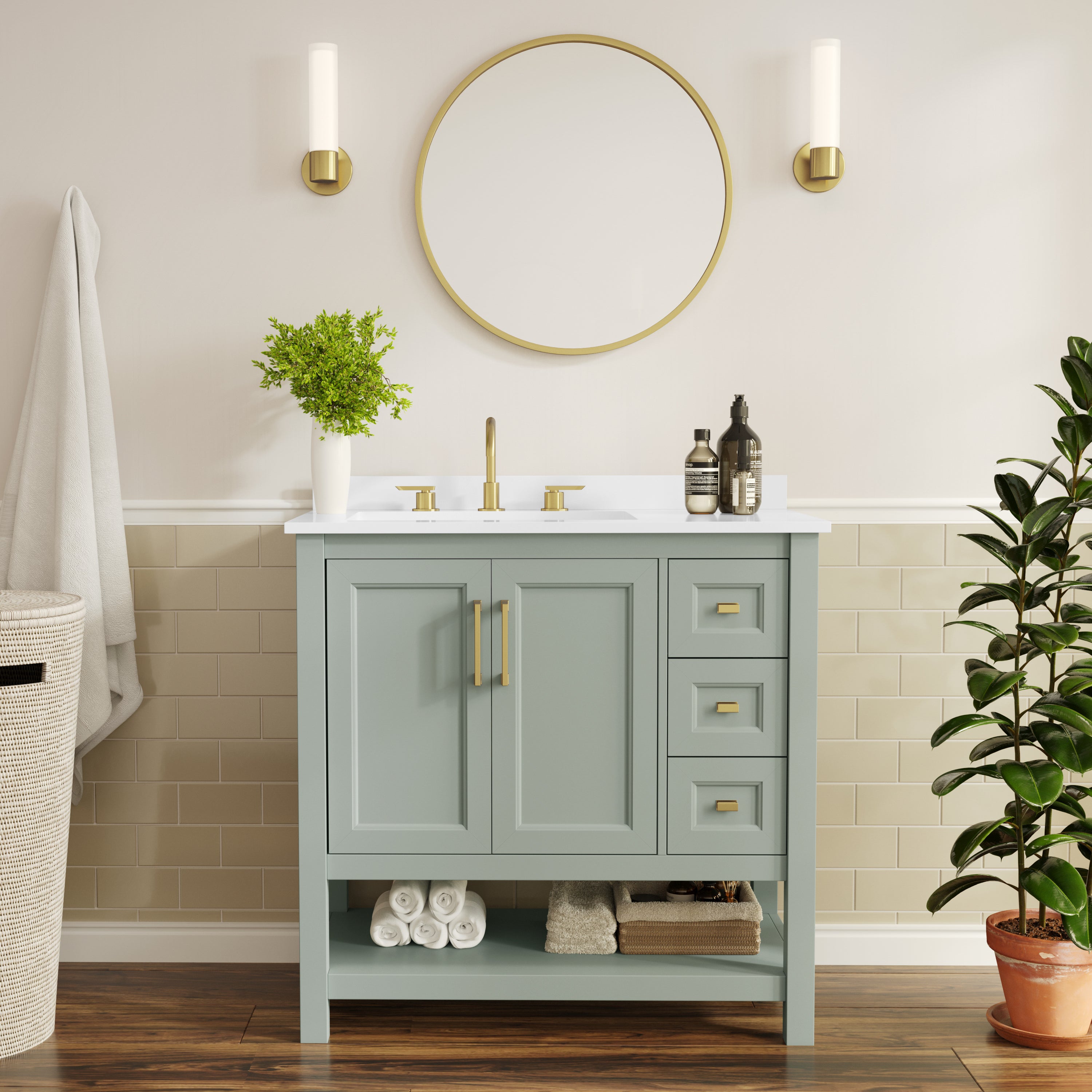 Vega 36" Bathroom Vanity with Sink, Cabinet with Gold Hardware, Soft Close Doors, Open Shelf & 3 Drawers, Carrara Marble Finish Counter, Sage/White
