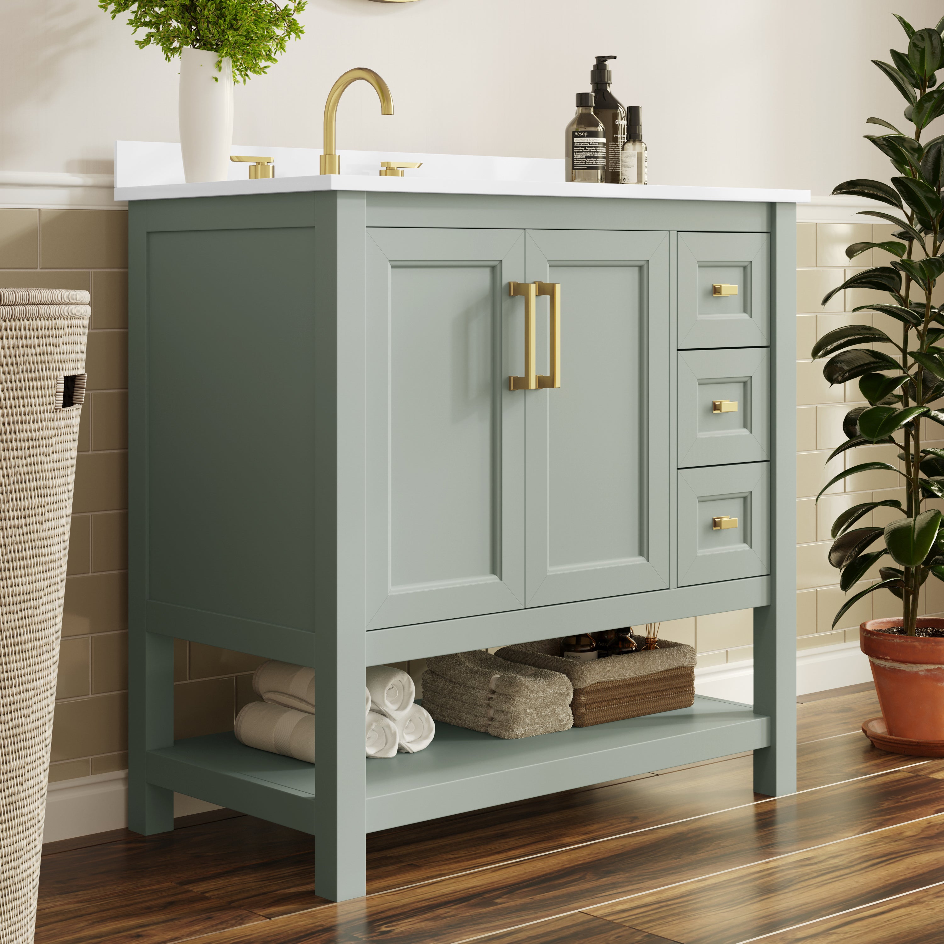 Vega 36" Bathroom Vanity with Sink, Cabinet with Gold Hardware, Soft Close Doors, Open Shelf & 3 Drawers, Carrara Marble Finish Counter, Sage/White