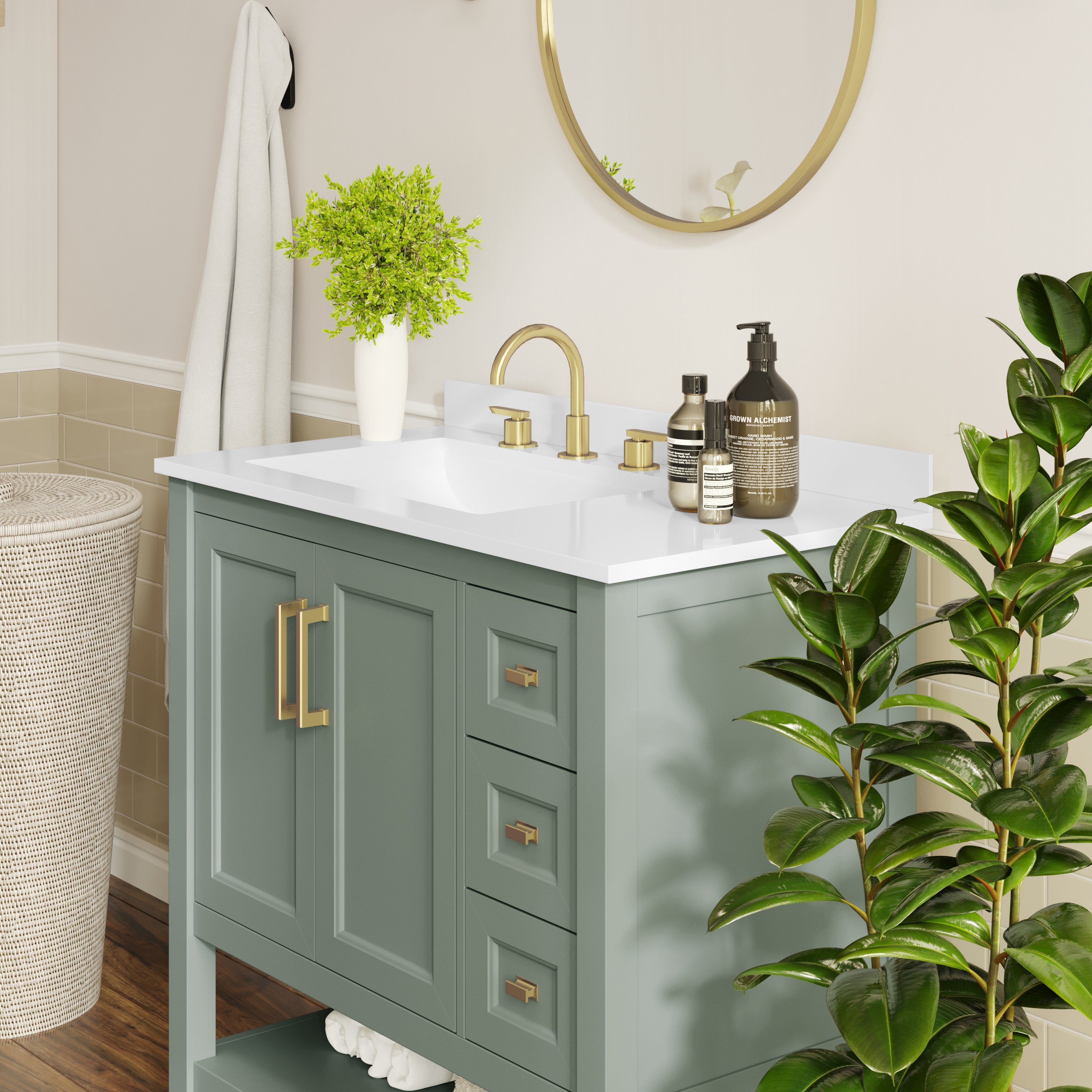Vega 36" Bathroom Vanity with Sink, Cabinet with Gold Hardware, Soft Close Doors, Open Shelf & 3 Drawers, Carrara Marble Finish Counter, Sage/White