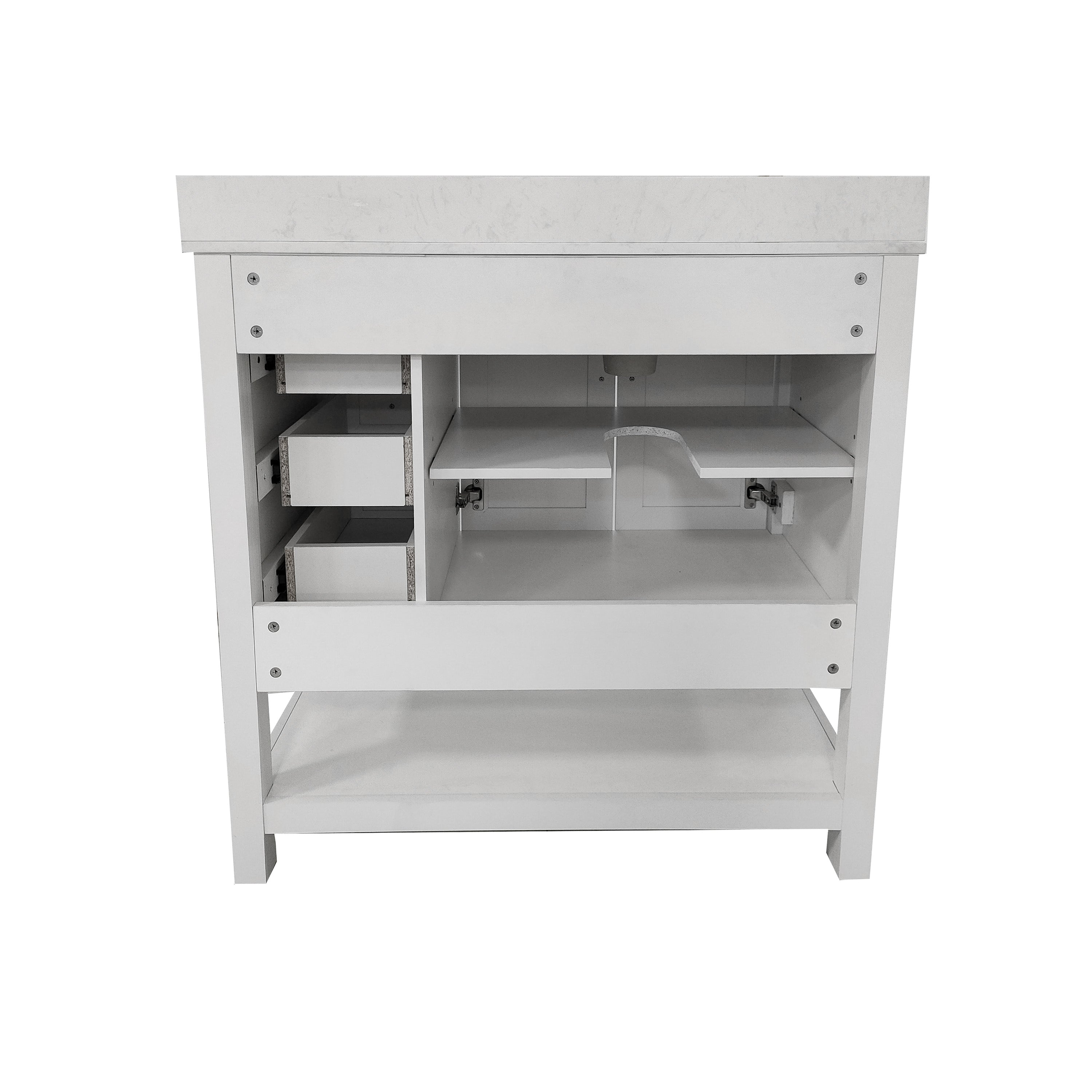 Vega 36 Inch Bathroom Vanity with Sink, Storage Cabinet with Soft Close Doors, Open Shelf and 3 Drawers, Carrara Marble Finish Countertop, White/White