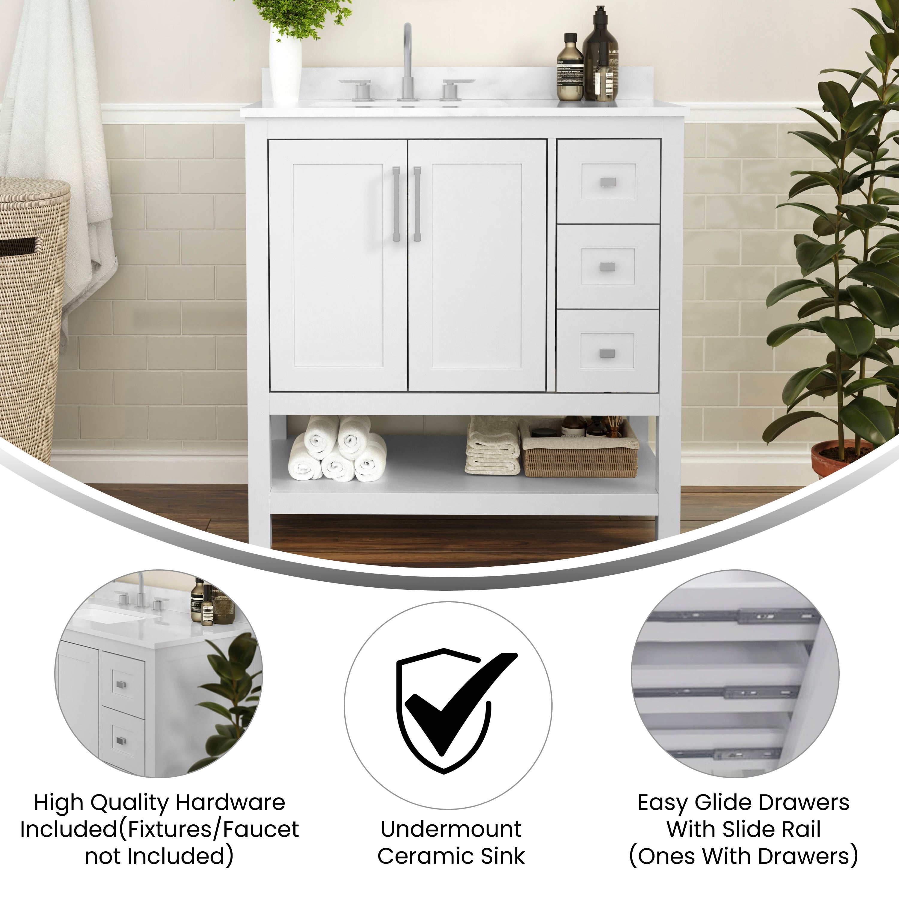 Vega 36 Inch Bathroom Vanity with Sink, Storage Cabinet with Soft Close Doors, Open Shelf and 3 Drawers, Carrara Marble Finish Countertop, White/White