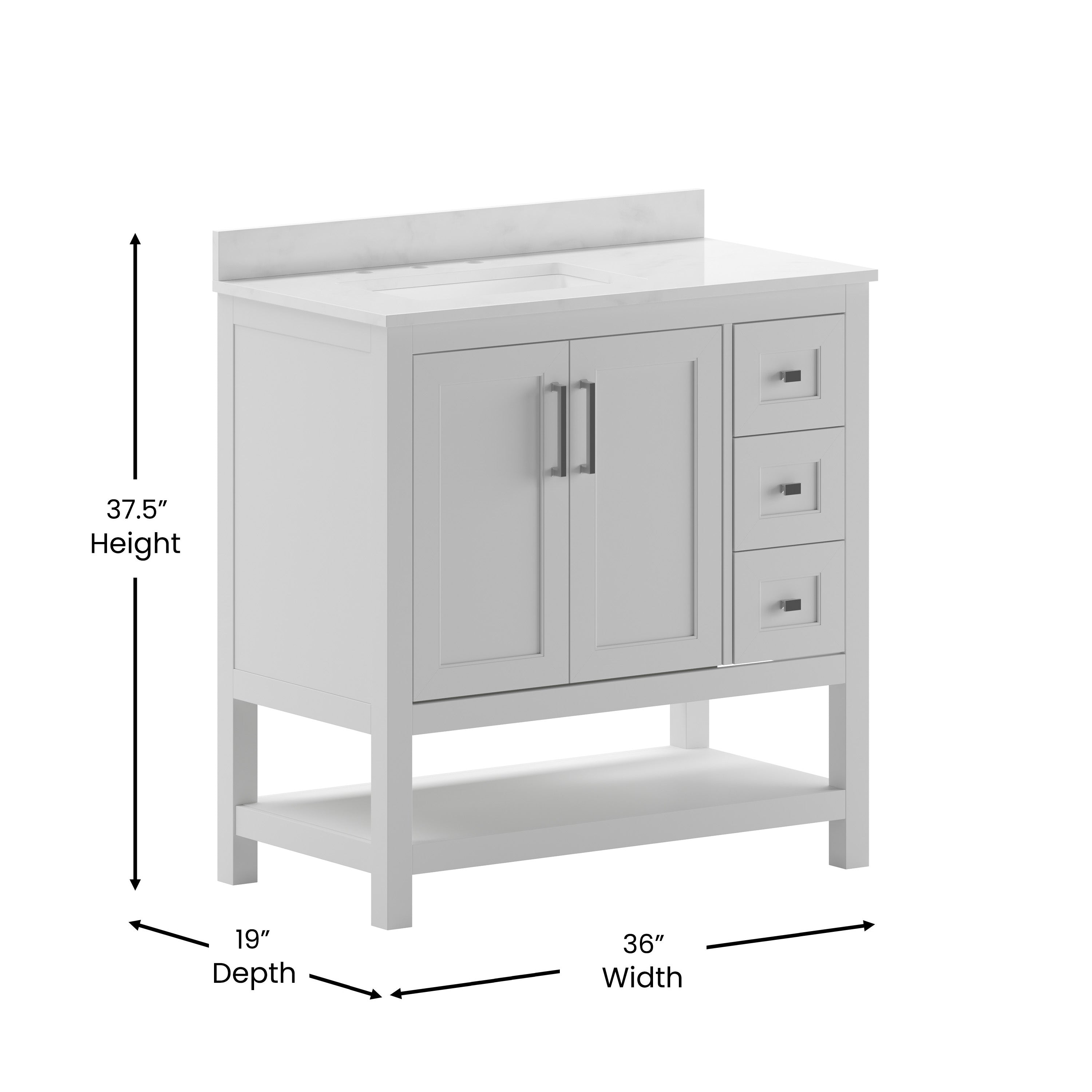 Vega 36 Inch Bathroom Vanity with Sink, Storage Cabinet with Soft Close Doors, Open Shelf and 3 Drawers, Carrara Marble Finish Countertop, White/White