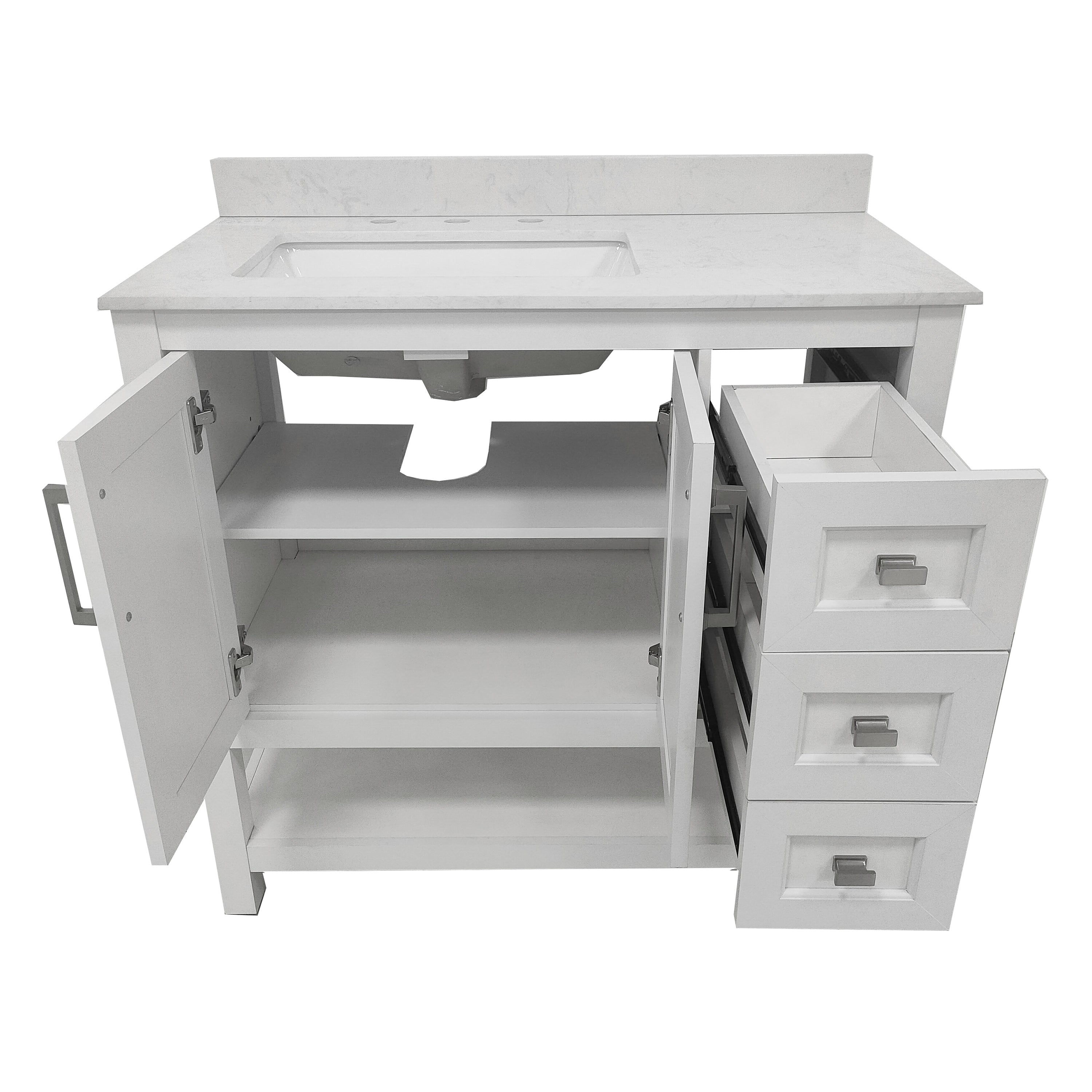 Vega 36 Inch Bathroom Vanity with Sink, Storage Cabinet with Soft Close Doors, Open Shelf and 3 Drawers, Carrara Marble Finish Countertop, White/White