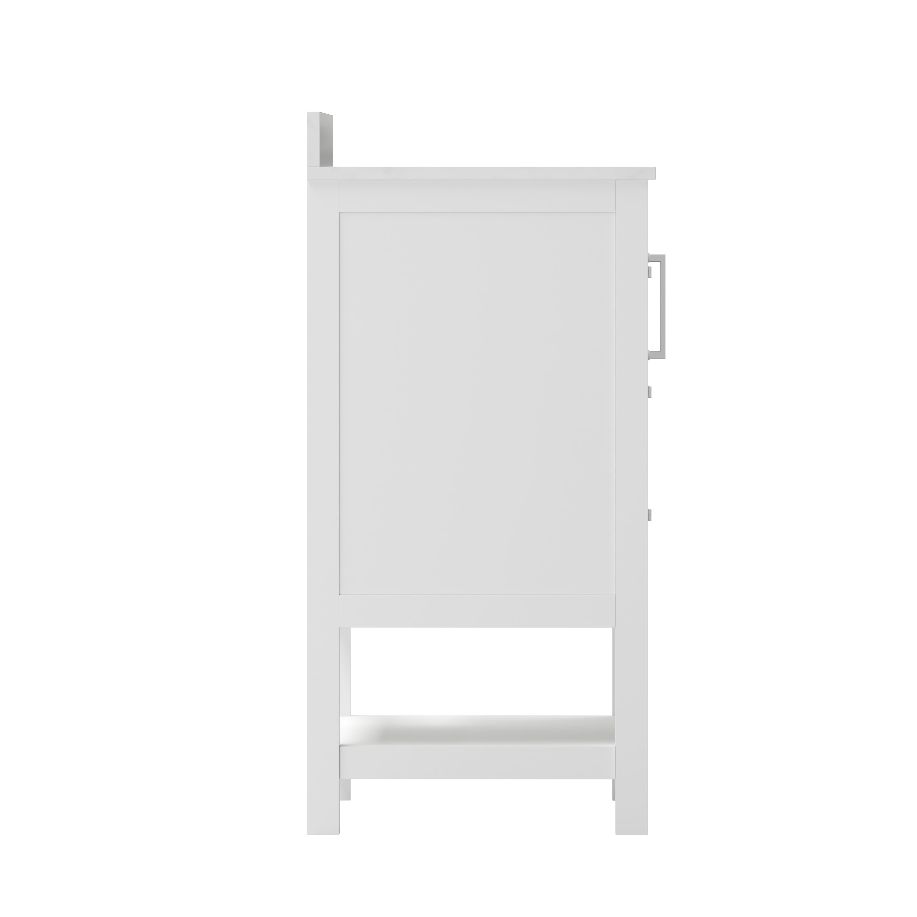 Vega 36 Inch Bathroom Vanity with Sink, Storage Cabinet with Soft Close Doors, Open Shelf and 3 Drawers, Carrara Marble Finish Countertop, White/White