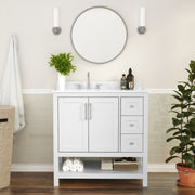 Vega 36 Inch Bathroom Vanity with Sink, Storage Cabinet with Soft Close Doors, Open Shelf and 3 Drawers, Carrara Marble Finish Countertop, White/White