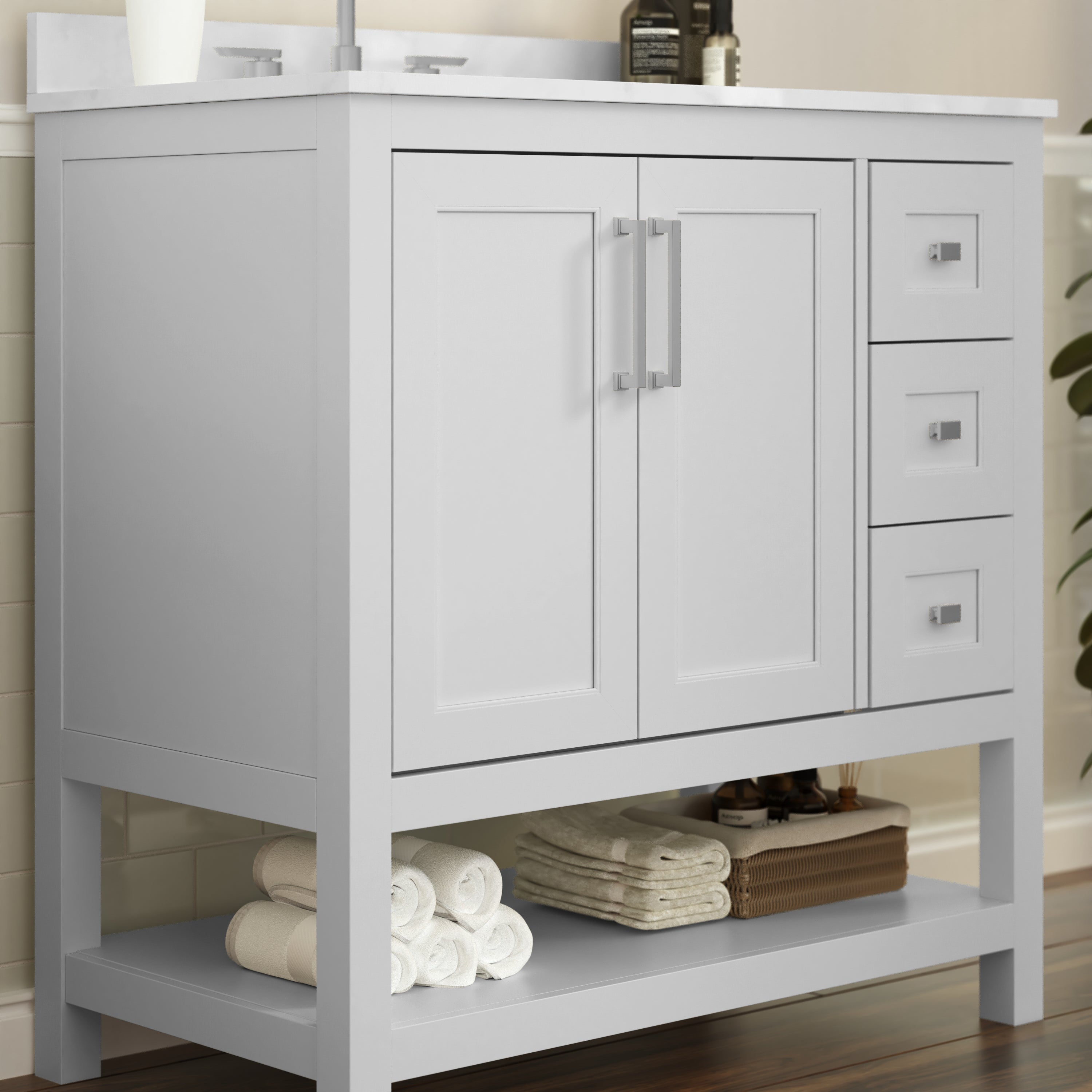 Vega 36 Inch Bathroom Vanity with Sink, Storage Cabinet with Soft Close Doors, Open Shelf and 3 Drawers, Carrara Marble Finish Countertop, White/White