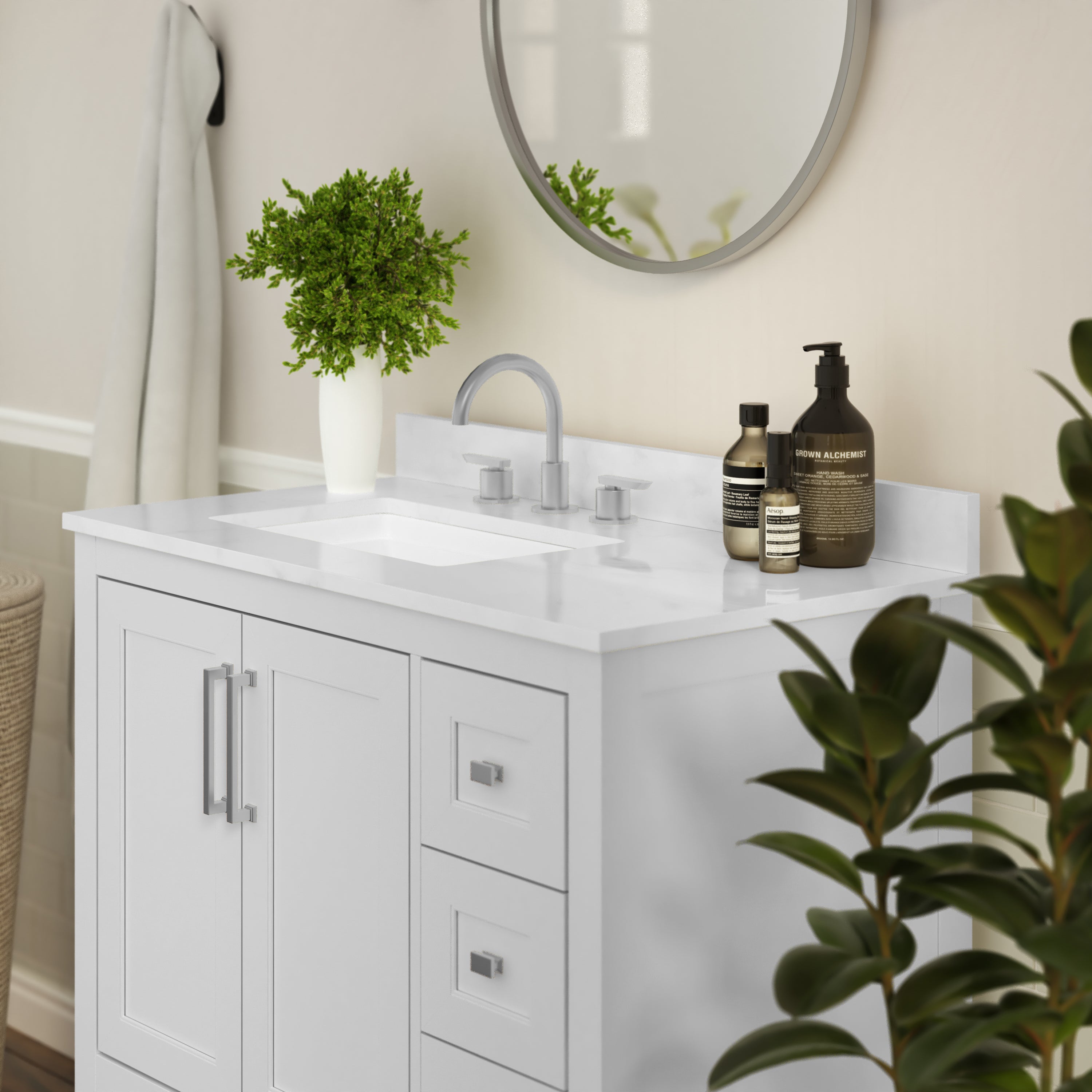 Vega 36 Inch Bathroom Vanity with Sink, Storage Cabinet with Soft Close Doors, Open Shelf and 3 Drawers, Carrara Marble Finish Countertop, White/White