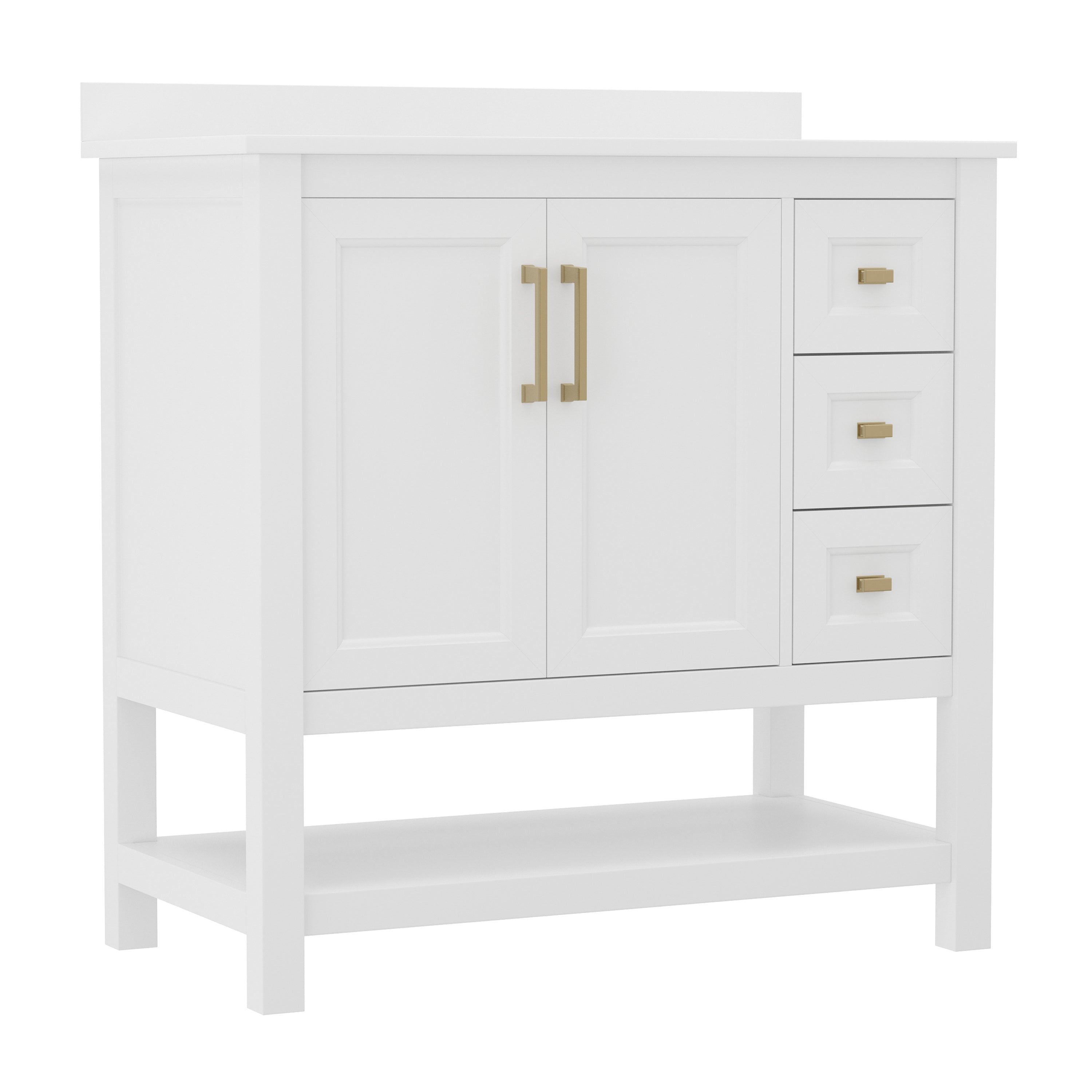 Vega 36 Inch Bathroom Vanity with Sink, Storage Cabinet with Soft Close Doors, Open Shelf and 3 Drawers, Carrara Marble Finish Countertop, White/Gold