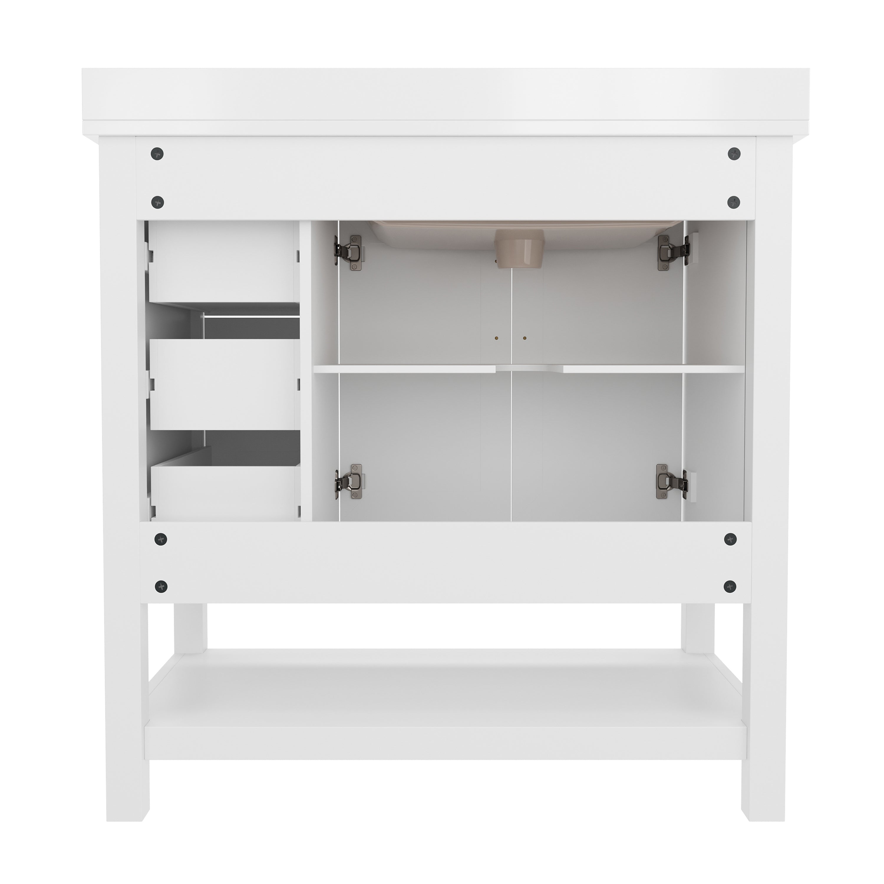 Vega 36 Inch Bathroom Vanity with Sink, Storage Cabinet with Soft Close Doors, Open Shelf and 3 Drawers, Carrara Marble Finish Countertop, White/Gold