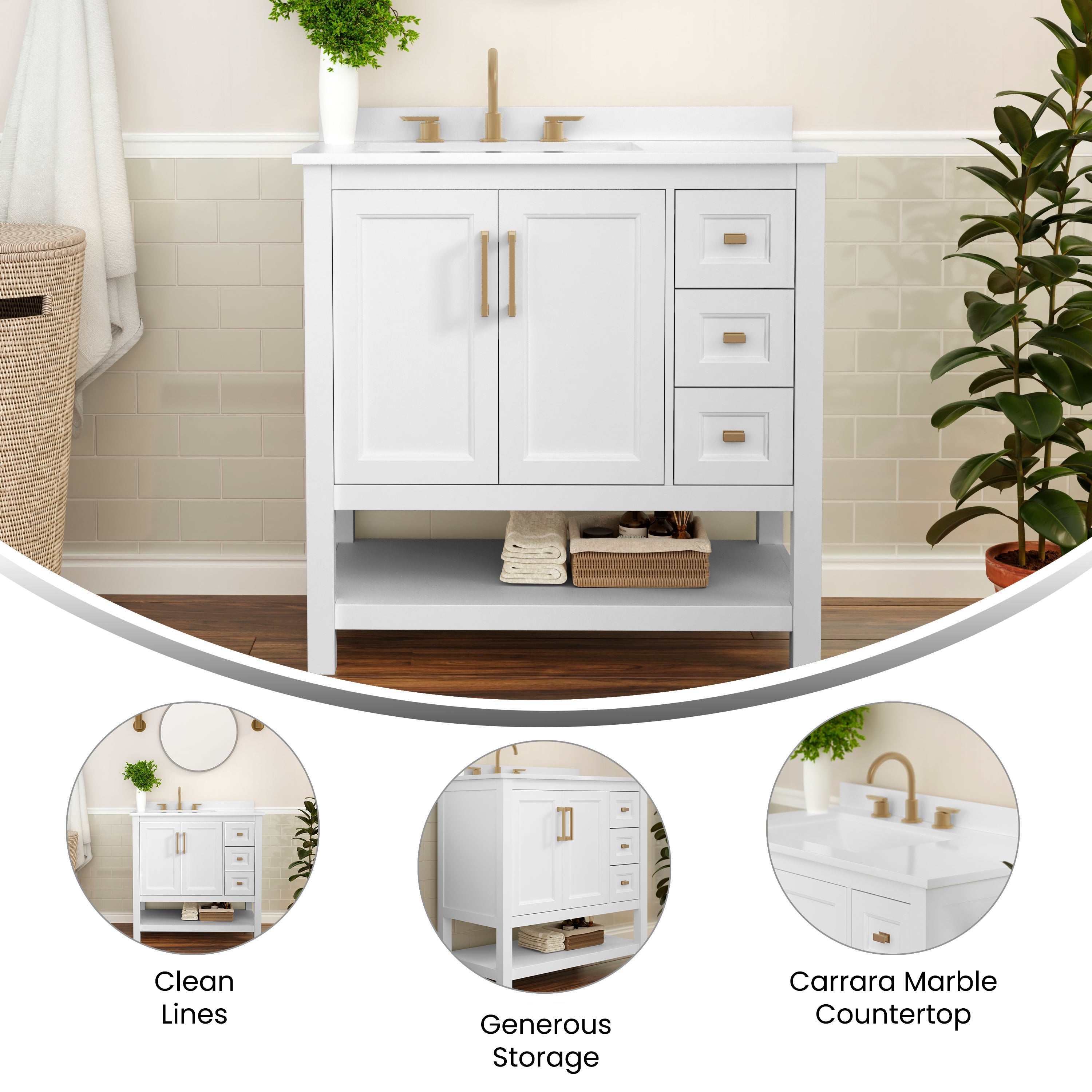 Vega 36 Inch Bathroom Vanity with Sink, Storage Cabinet with Soft Close Doors, Open Shelf and 3 Drawers, Carrara Marble Finish Countertop, White/Gold