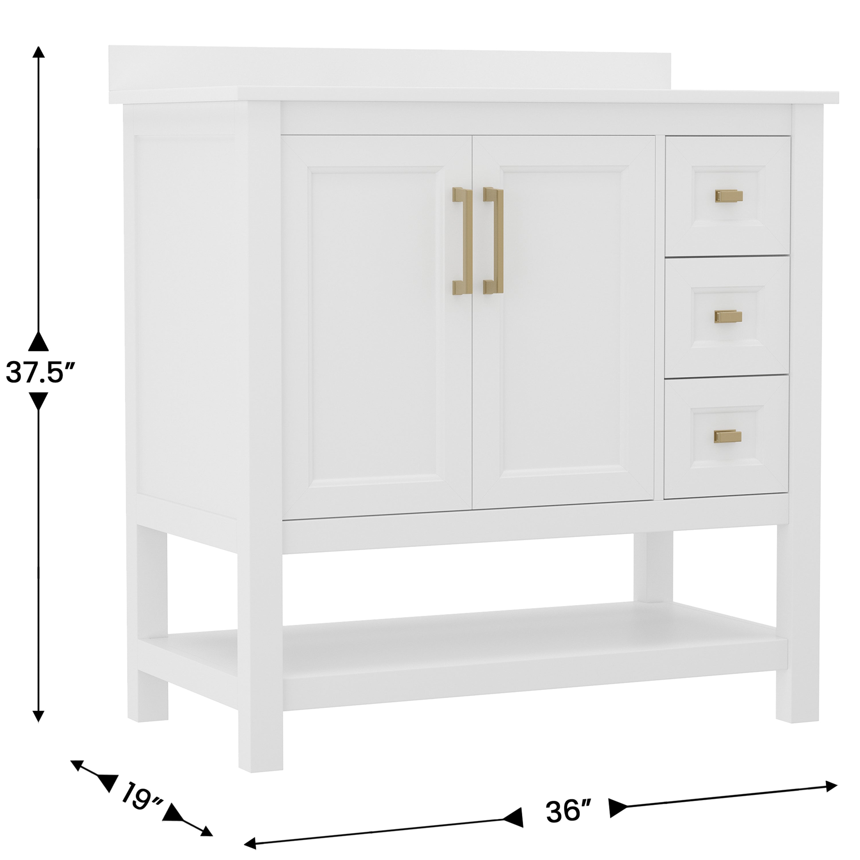 Vega 36 Inch Bathroom Vanity with Sink, Storage Cabinet with Soft Close Doors, Open Shelf and 3 Drawers, Carrara Marble Finish Countertop, White/Gold
