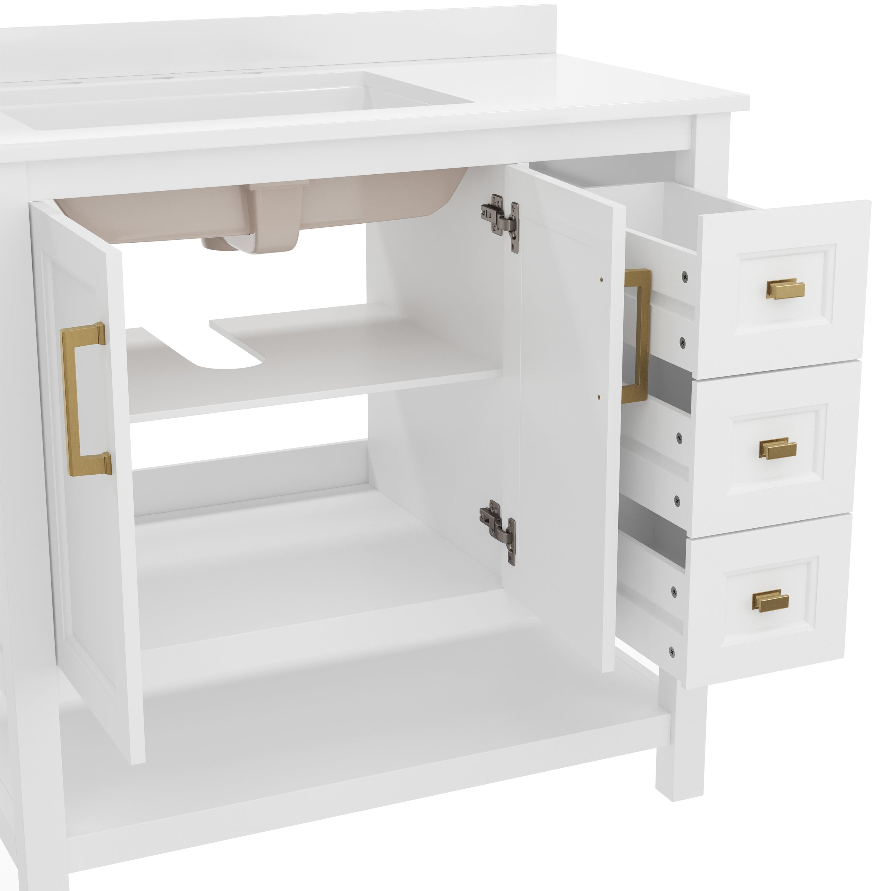 Vega 36 Inch Bathroom Vanity with Sink, Storage Cabinet with Soft Close Doors, Open Shelf and 3 Drawers, Carrara Marble Finish Countertop, White/Gold