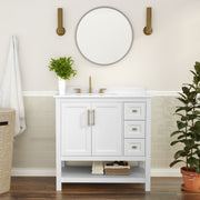 Vega 36 Inch Bathroom Vanity with Sink, Storage Cabinet with Soft Close Doors, Open Shelf and 3 Drawers, Carrara Marble Finish Countertop, White/Gold