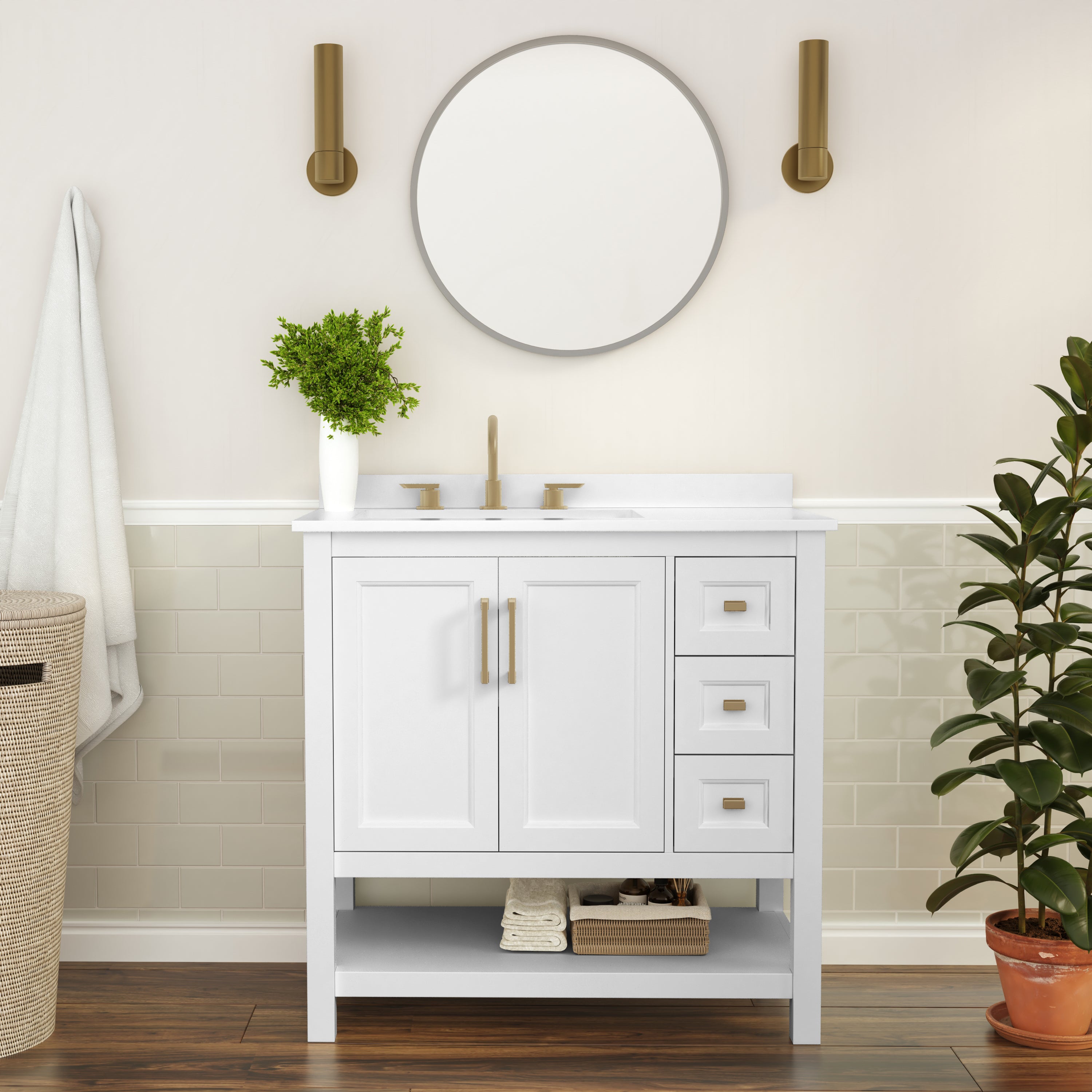 Vega 36 Inch Bathroom Vanity with Sink, Storage Cabinet with Soft Close Doors, Open Shelf and 3 Drawers, Carrara Marble Finish Countertop, White/Gold