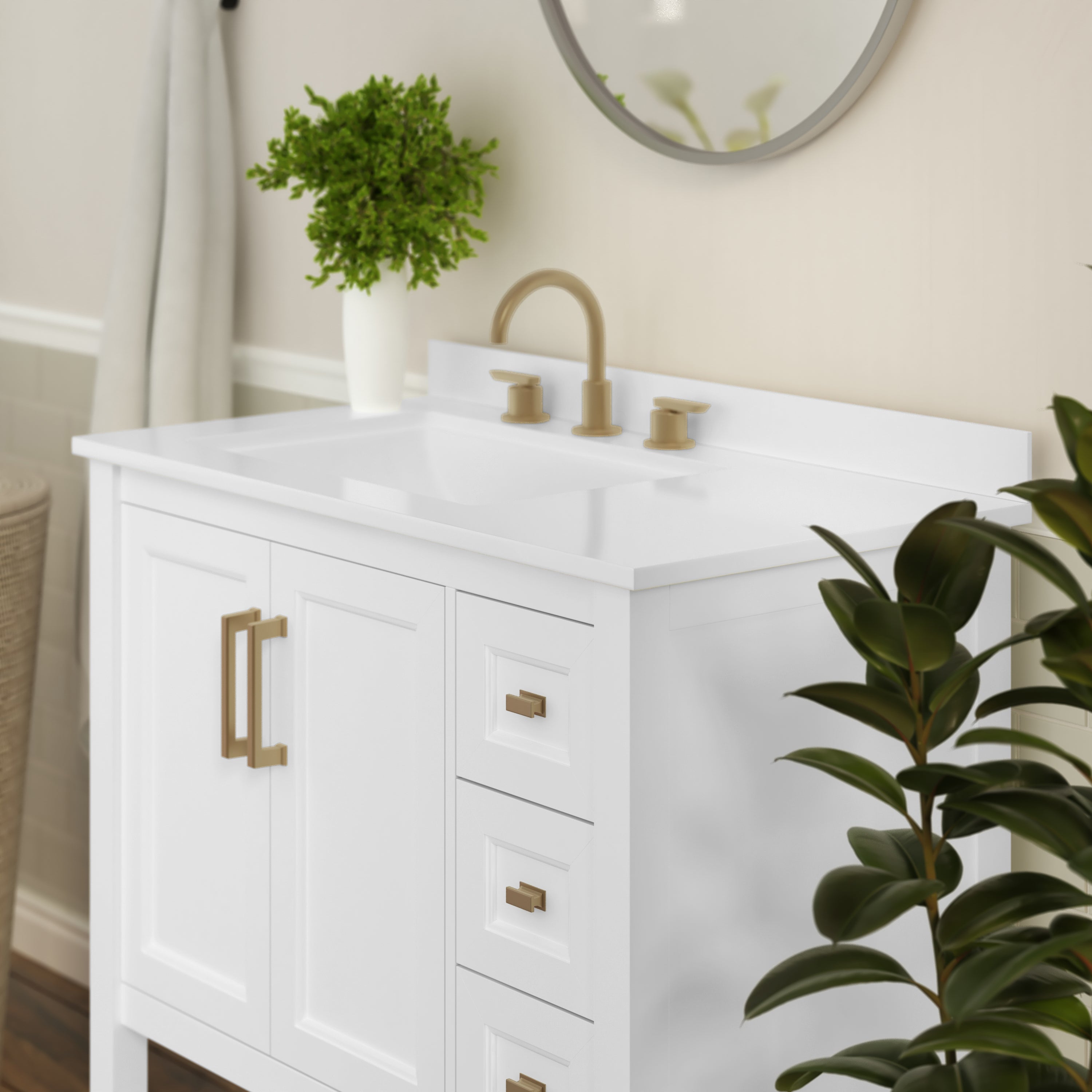 Vega 36 Inch Bathroom Vanity with Sink, Storage Cabinet with Soft Close Doors, Open Shelf and 3 Drawers, Carrara Marble Finish Countertop, White/Gold