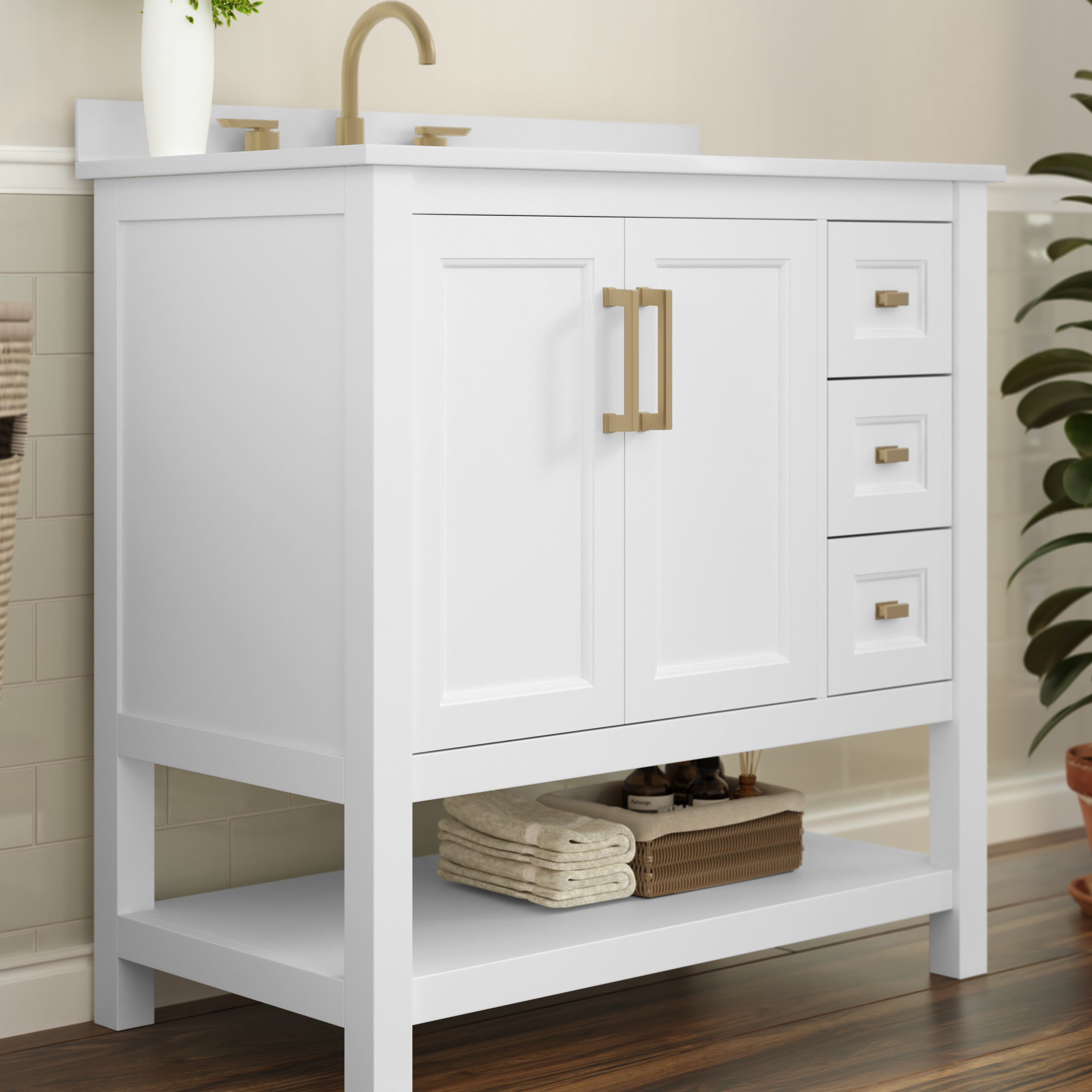 Vega 36 Inch Bathroom Vanity with Sink, Storage Cabinet with Soft Close Doors, Open Shelf and 3 Drawers, Carrara Marble Finish Countertop, White/Gold