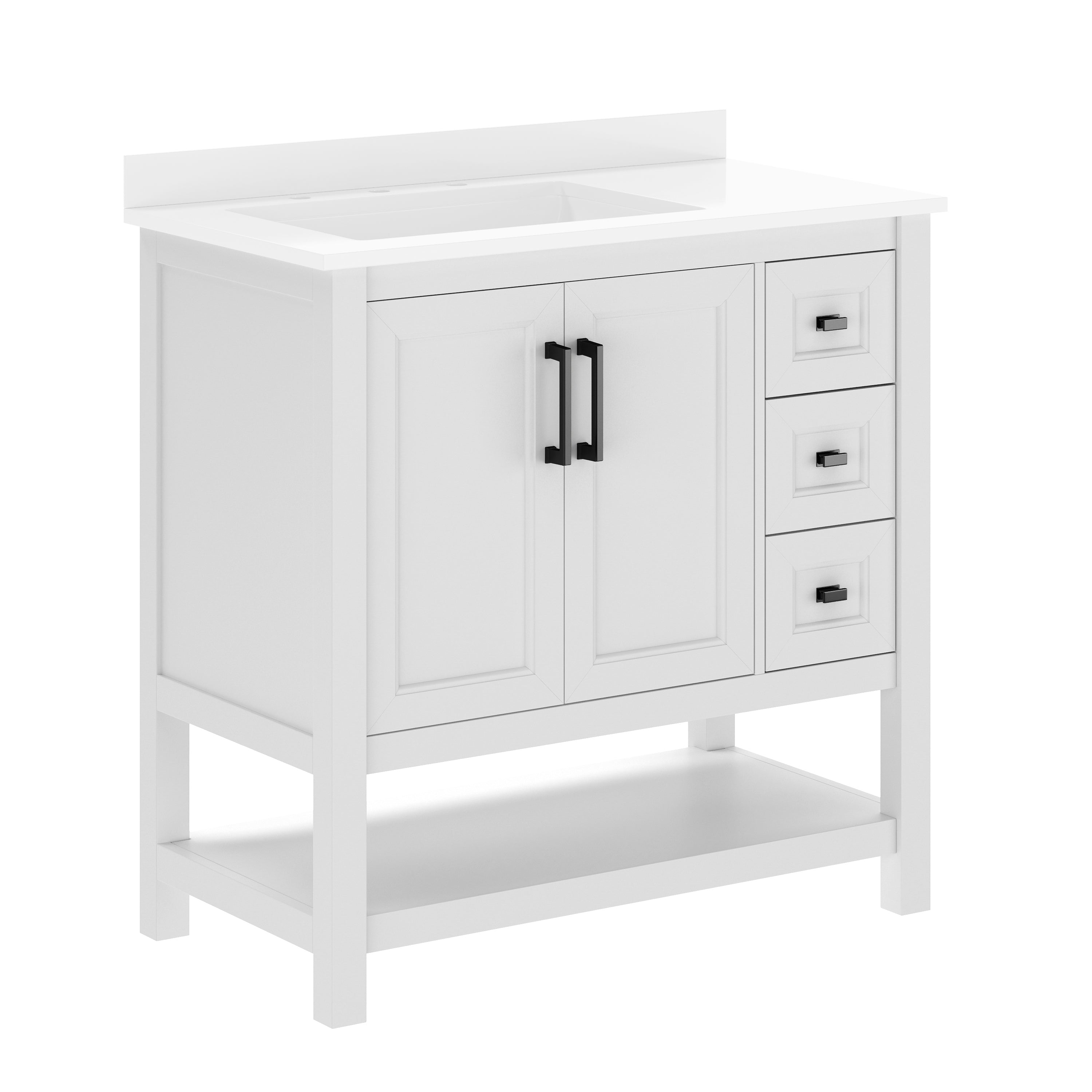 Vega 36" Bathroom Vanity with Sink, Cabinet with Black Hardware, Soft Close Doors, Open Shelf & 3 Drawers, Carrara Marble Finish Counter, White/White