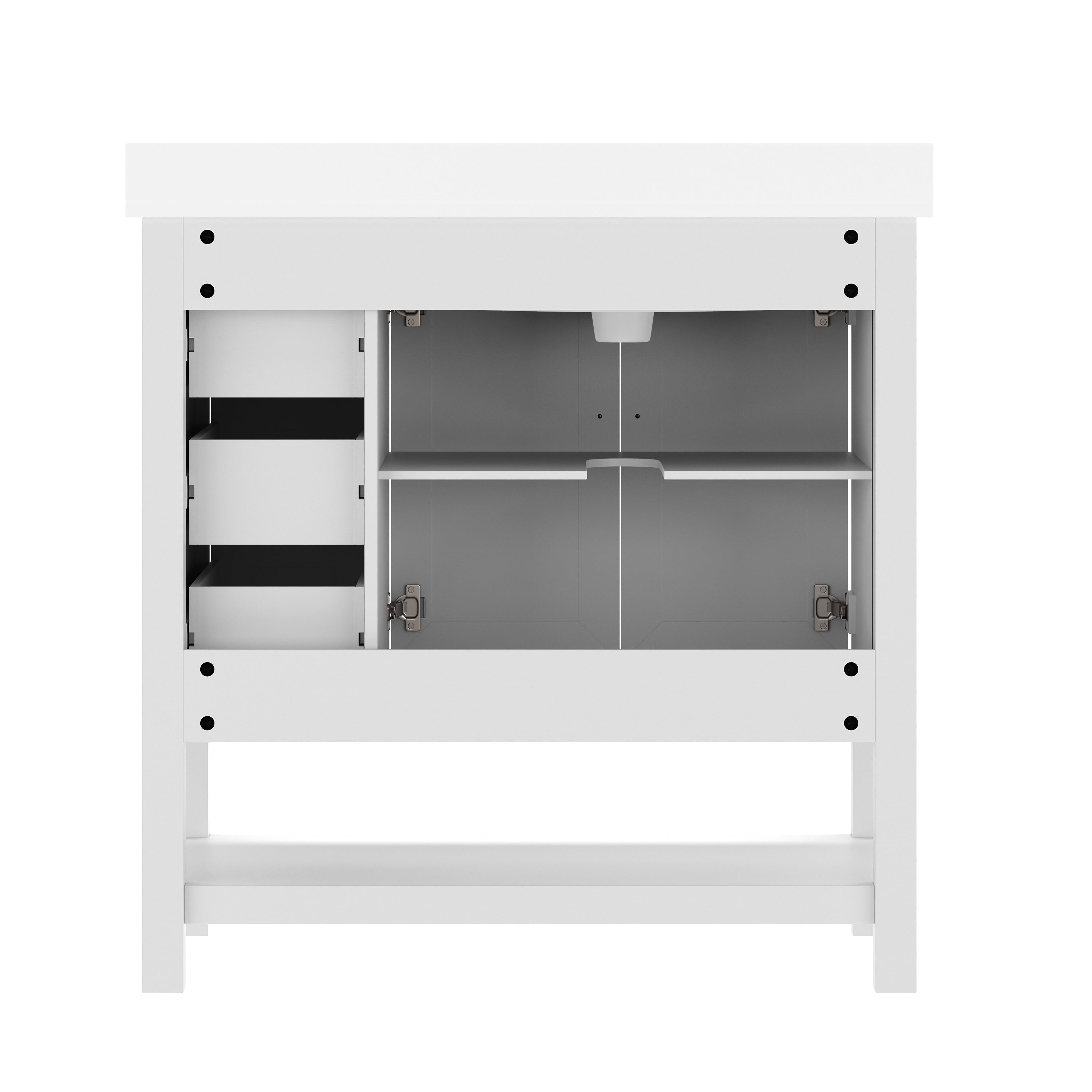 Vega 36" Bathroom Vanity with Sink, Cabinet with Black Hardware, Soft Close Doors, Open Shelf & 3 Drawers, Carrara Marble Finish Counter, White/White
