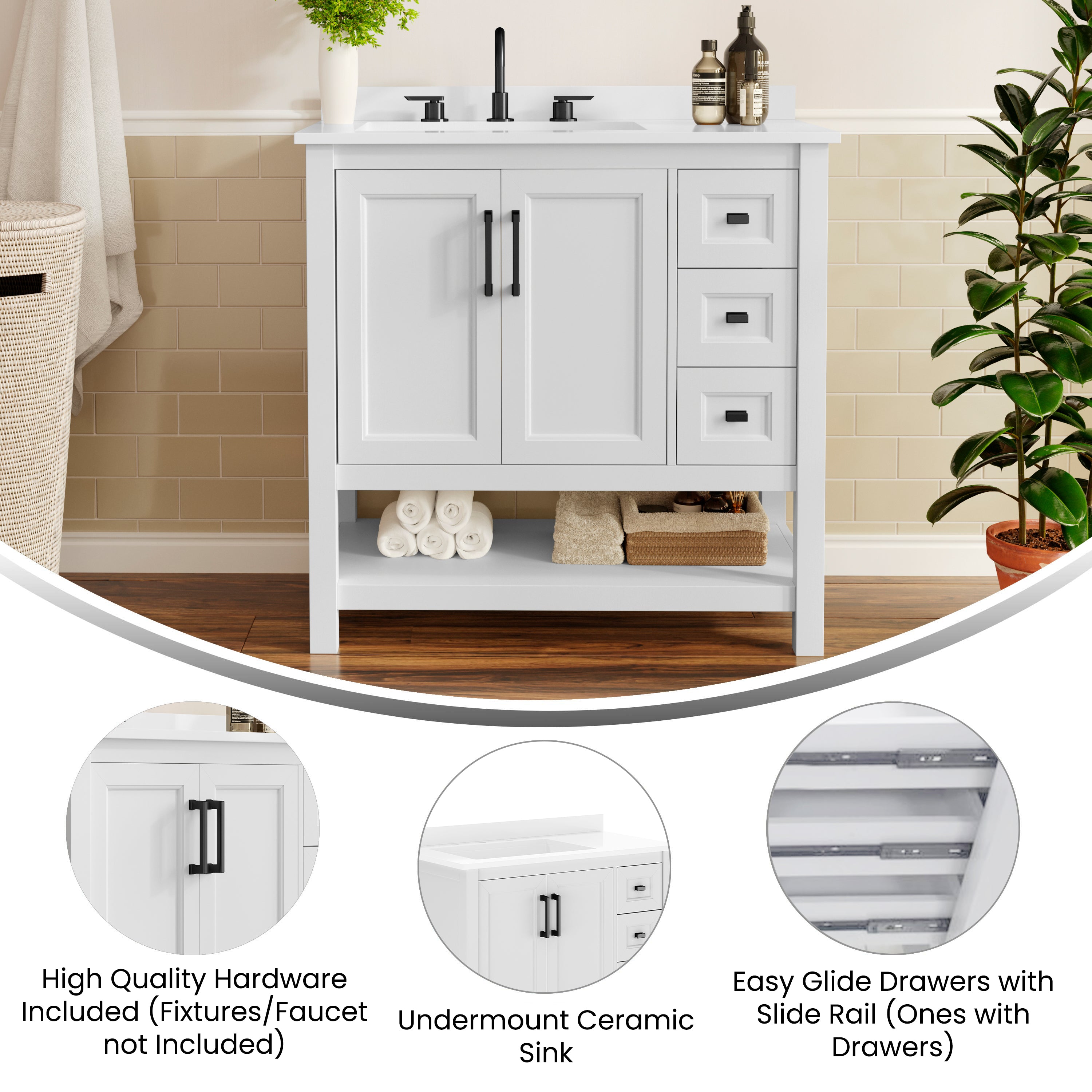 Vega 36" Bathroom Vanity with Sink, Cabinet with Black Hardware, Soft Close Doors, Open Shelf & 3 Drawers, Carrara Marble Finish Counter, White/White